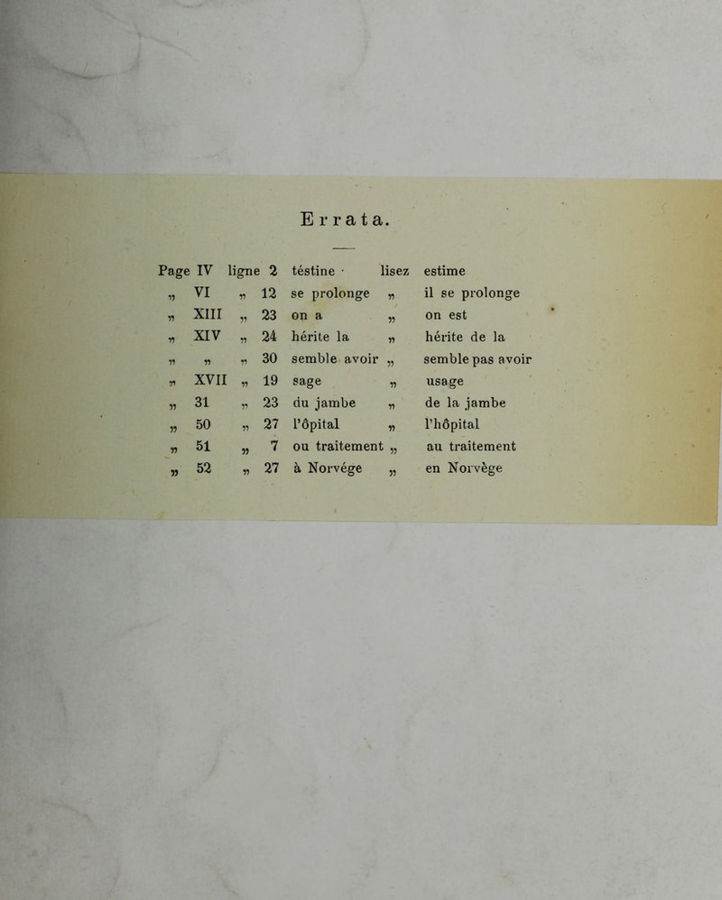 Errata Page IV ligne 2 téstine • lisez estime 11 VI n 12 se prolonge a il se prolonge n XIII n 23 on a ii on est V XIV ii 24 hérite la a hérite de la 11 11 ii 30 semble avoir ii semble pas avoir 11 XVII ii 19 sage a usage 11 31 ii 23 du jambe a de la jambe 11 50 ii 27 l’ôpital a T hôpital V 51 il 7 ou traitement ii au traitement 11 52 il 27 à Norvège ii en Norvège