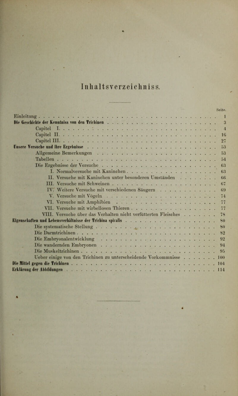 Inhalts verzeichn iss. Seite. Einleitung 1 Die Geschichte der Kenntniss von den Trichinen . 3 Capitel I 4 Capitel II IG Capitel III 27 Unsere Versuche und ihre Ergebnisse 53 Allgemeine Bemerkungen . 53 Tabellen 54 Die Ergebnisse der Versuche 63 I. Normalversuche mit Kaninchen 63 II. Versuche mit Kaninchen unter besonderen Umständen . 66 III. Versuche mit Schweinen 67 IVf Weitere Versuche mit verschiedenen Säugern 69 V. Versuche mit Vögeln 74 VI. Versuche mit Amphibien 77 VII. Versuche mit wirbellosen Thieren 77 VIII. Versuche über das Verhalten nicht verfütterten Fleisches 78 Eigenschaften und Lebensverhältnisse der Trichina spiralis 80 Die systematische Stellung 80 Die Darmtrichinen 82 Die Embryonalentwicklung 92 Die wandernden Embryonen 94 Die Muskeltrichinen 95 Ueber einige von den Trichinen zu unterscheidende Vorkommnisse 100 Die Mittel gegen die Trichinen 104 Erklärung der Abbildungen 114