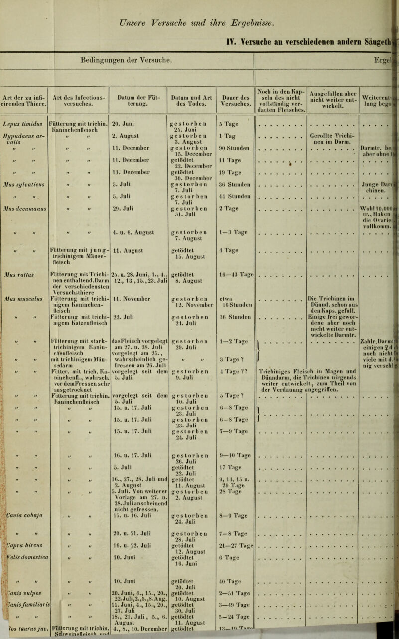 IV. Versuche au verschiedeueu audern Säusethl Bedingungen der Versuche. Ergel| Art der zu inß- Art des Infeclious- Datum der Füt- Dalum und Art Dauer des Noch in den Kap- seln des nicht Ausgefallen aber nicht weiter eilt* Weiterenl'l s cirenden Thiere. Versuches. terung. des Todes. Versuches. vollständig ver- wickelt. lung begol dauten Fleisches. Z, epus timidus Fütterung mit trichin. 20. Juni gestorben 5 Tage ’ 1 Kaninchenfleisch 25. Juni Hypudaeus ar- tt tt 2. August gestorben 1 Tag Gerollte Trichi- valis 3. August nen im Darm. „ „ n n 11. Deccmber gestorben 90 Stunden 15. December aber ohne ll tt tt ii tt 11. Deccmber getödtet 11 Tage 22. December 4 „ n n ti 11. Deccmber getödtet 19 Tage 1 30. December 1 Mus sylvaticus ii ii 5. Juli gestorben 36 Stunden Junge Danl 7. Juli eh inen. 1 „ n tt n 5. Juli gestorben 44 Stunden 7. Juli Mus decumanus n ii 29. Juli gestorben 2 Tage Wohl lö,000| 31. Juli Ir., Haken ij die Ovariell , vollkomm. 1 : u n ii ii 4. u. 6. August gestorben 1—3 Tage 7. August „ „ Fütterung mit jung- 11. August getödtet 4 Tage iriehinigem Mäuse- fleisch 15. August * Mus rattus Fütterung mitTrichi- 25. u. 28. Juni, 1., 4., 12., 13.,15., 23. Juli getödtet 16-43 Tage nen enthaltend.Darm der verschiedensten Versuchstiere 8. August Mus musculus Fütterung mit trichi- 11. November gestorben etwa Die Trichinen im nigem Kaninchen- 12. November 16 Stunden Düimd. schon aus fleisch den Kaps, gefall. n n Fütterung mit trichi— 22. Juli gestorben 36 Stunden Einige frei gewor- nigem Kalzcnfleisch 24. Juli dene aber noch nicht weiter ent- wickelte Darmtr. 1 ' n n Fütterung mit stark- dasFIeisch vorgelegt gestorben 1—2 Tage \ Zahlr.DarmlH ti’ichinigem Kanin- am 27. u. 28. Juli 29. Juli 1 einigen Jd ■ chenfleisch vorgelegt am 25., ( noch nicht n II II mit trichinigem Mäu- wahrscheinlich ge- ii n 3 Tage ? 1 viele mit d.fl sedarm fressen am 26. Juli v nig verseht gJ II tt Fütter. mit trich. Ka- vorgelegt seit dem gestorben 4 Tage ?? Trichiniges Fleisch in Magen und ninchenfl., wahrsch. 5. Juli 9. Juli Dünndarm, die Trichinen nirgends «j: vor demFressen sehr weiter entwickelt, zum Theil von ausgetrocknet vorgelegl seit dem der Verdauung angegriffeu. tt tt Fütterung mit trichin. ges torben 5 Tage ? Kaninchenfleisch 5. Juli 10. Juli tt II ii n 15. u. 17. Juli gestorben 6—8 Tage 1 23. Juli II tt n n 15. u. 17. Juli gestorben 6 — 8 Tage j jiiji 23. Juli ■ tt II ii ii 15. u. 17. Juli gestorben 24. Juli lili II tt 16. u. 17. Juli gestorbe n • 26. Juli tt tt ii ii 5. Juli getödtet 17 Tage 22. Juli II II ii ii 16., 27., 28. Juli und getödtet 9, 14, 15 u. jM 2. August 11. August 26 Tage tt tt ii ii 5. Juli. Von weiterer gestorben 28 Tage r Vorlage am 27. u. 2. August M 28. Juli anscheinend nicht gefressen. .Cavia cobaja ii ii 15. u. 16. Juli gestorben 8—9 Tage 24. Juli tt tt ii n 20. u. 21. Juli gestorben ■1 28. Juli Capra hircus ii ii 16. u. 22. Juli getödtet 21—27 Tage 12. August Velis domestica tt tt 10. Juni getödtet 6 Tage > 16. Juni i ! . . „ 10. Juni getödtet 40 Tage L 20. Juli 1 Üams vulpcs n n 20. Juni, 4., 15., 20., getödtet || 1 \:anis familiarü 22. Juli,2.,5.,8. Aug. 11. Juni, 4., 15., 20., 10. August getödtet 3—49 Tage 1 27. Juli 30. Juli 1 ■ i | •• „ 18., 21. Juli, 5., 6. August 4., 8., 10. December getödtet 11. August getödtet 5-24 Tage 1 ?os taurusjuv. Fütterung mit trichin. 13 10 rorro ■V Schweinefleisch »na