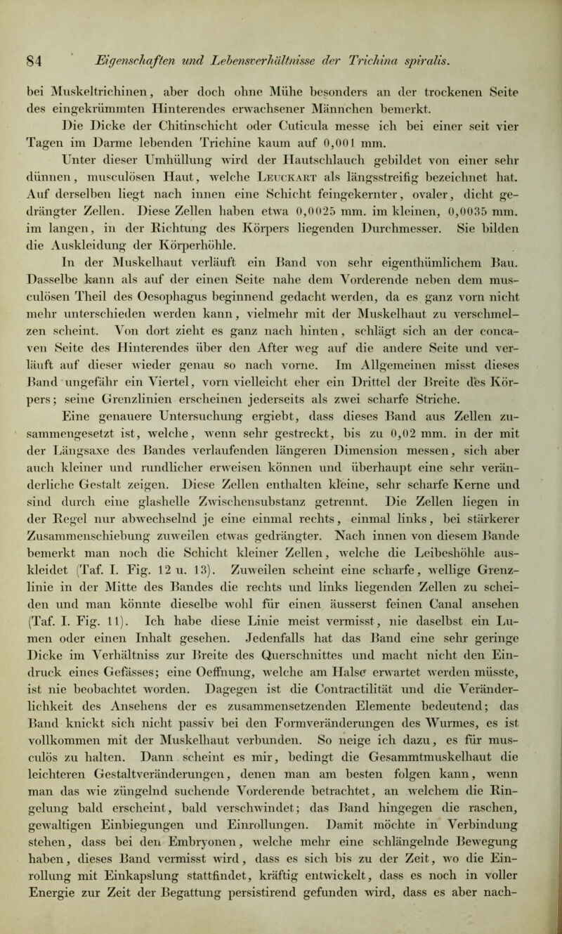 bei Muskeltrichinen, aber doch ohne Mühe besonders an der trockenen Seite des eingekrümmten Hinterendes erwachsener Männchen bemerkt. Die Dicke der Chitinschicht oder Cuticula messe ich bei einer seit vier Tagen im Darme lebenden Trichine kaum auf 0,001 mm. Unter dieser Umhüllung wird der Hautschlauch gebildet von einer sehr dünnen, musculösen Haut, welche Leuckart als längsstreifig bezeichnet hat. Auf derselben liegt nach innen eine Schicht feingekernter, ovaler, dicht ge- drängter Zellen. Diese Zellen haben etwa 0,0025 mm. im kleinen, 0,0035 mm. im langen, in der Richtung des Körpers liegenden Durchmesser. Sie bilden die Auskleidung der Körperhöhle. In der Muskelhaut verläuft ein Band von sehr eigenthümlichem Bau. Dasselbe kann als auf der einen Seite nahe dem Vorderende neben dem mus- culösen Theil des Oesophagus beginnend gedacht werden, da es ganz vorn nicht mehr unterschieden werden kann, vielmehr mit der Muskelhaut zu verschmel- zen scheint. Von dort zieht es ganz nach hinten, schlägt sich an der conca- ven Seite des Hinterendes über den After weg auf die andere Seite und ver- läuft auf dieser wieder genau so nach vorne. Im Allgemeinen misst dieses Band ungefähr ein Viertel, vorn vielleicht eher ein Drittel der Breite des Kör- pers; seine Grenzlinien erscheinen jederseits als zwei scharfe Striche. Eine genauere Untersuchung ergiebt, dass dieses Band aus Zellen zu- sammengesetzt ist, welche, wenn sehr gestreckt, bis zu 0,02 mm. in der mit der Längsaxe des Bandes verlaufenden längeren Dimension messen, sich aber auch kleiner und rundlicher erweisen können und überhaupt eine sehr verän- derliche Gestalt zeigen. Diese Zellen enthalten kleine, sehr scharfe Kerne und sind durch eine glashelle Zwischensubstanz getrennt. Die Zellen liegen in der Regel nur abwechselnd je eine einmal rechts, einmal links, bei stärkerer Zusammenschiebung zuweilen etwas gedrängter. Nach innen von diesem Bande bemerkt man noch die Schicht kleiner Zellen, welche die Leibeshöhle aus- kleidet (Taf. I. Fig. 12 u. 13). Zuweilen scheint eine scharfe, wellige Grenz- linie in der Mitte des Bandes die rechts und links liegenden Zellen zu schei- den und man könnte dieselbe wohl für einen äusserst feinen Canal ansehen (Taf. I. Fig. 11). Ich habe diese Linie meist vermisst , nie daselbst ein Lu- men oder einen Inhalt gesehen. Jedenfalls hat das Band eine sehr geringe Dicke im Verhältniss zur Breite des Querschnittes und macht nicht den Ein- druck eines Gefässes; eine Oeffnung, welche am Halse erwartet werden müsste, ist nie beobachtet worden. Dagegen ist die Contractilität und die Veränder- lichkeit des Ansehens der es zusammensetzenden Elemente bedeutend; das Band knickt sich nicht passiv bei den Formveränderungen des Wurmes, es ist vollkommen mit der Muskelhaut verbunden. So neige ich dazu, es für mus- culös zu halten. Dann scheint es mir, bedingt die Gesammtmuskelhaut die leichteren Gestaltveränderungen, denen man am besten folgen kann, wenn man das wie züngelnd suchende Vorderende betrachtet, an welchem die Rin- gelung bald erscheint, bald verschwindet; das Band hingegen die raschen, gewaltigen Einbiegungen und Einrollungen. Damit möchte in Verbindung stehen, dass bei den Embryonen, welche mehr eine schlängelnde Bewegung haben, dieses Band vermisst wird, dass es sich bis zu der Zeit, wo die Ein- rollung mit Einkapslung stattfindet, kräftig entwickelt, dass es noch in voller Energie zur Zeit der Begattung persistirend gefunden wird, dass es aber nach-