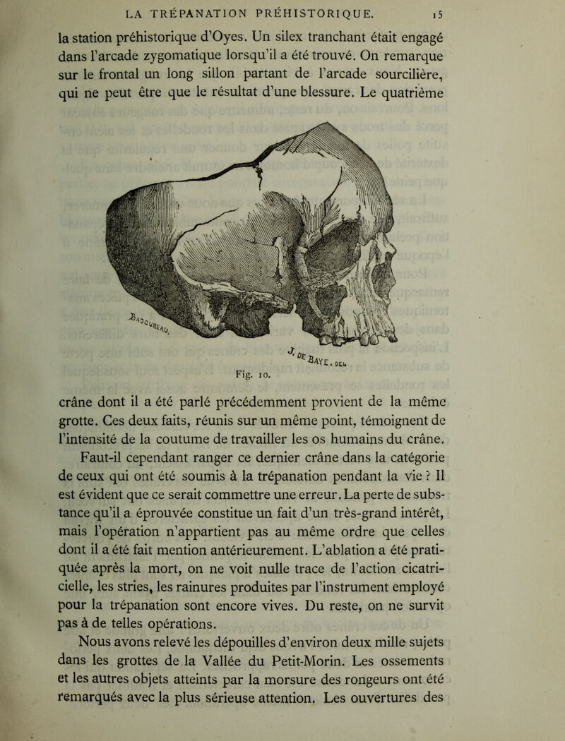 la station préhistorique cTOyes. Un silex tranchant était engagé dans Farcade zygomatique lorsqu’il a été trouvé. On remarque sur le frontal un long sillon partant de Farcade sourcilière, qui ne peut être que le résultat d’une blessure. Le quatrième Fig. io. crâne dont il a été parlé précédemment provient de la même grotte. Ces deux faits, réunis sur un même point, témoignent de l’intensité de la coutume de travailler les os humains du crâne. Faut-il cependant ranger ce dernier crâne dans la catégorie de ceux qui ont été soumis à la trépanation pendant la vie ? Il est évident que ce serait commettre une erreur. La perte de subs- tance qu’il a éprouvée constitue un fait d’un très-grand intérêt, mais l’opération n’appartient pas au même ordre que celles dont il a été fait mention antérieurement. L’ablation a été prati- quée après la mort, on ne voit nulle trace de Faction cicatri- cielle, les stries, les rainures produites par l’instrument employé pour la trépanation sont encore vives. Du reste, on ne survit pas à de telles opérations. Nous avons relevé les dépouilles d’environ deux mille sujets dans les grottes de la Vallée du Petit-Morin. Les ossements et les autres objets atteints par la morsure des rongeurs ont été remarqués avec la plus sérieuse attention. Les ouvertures des