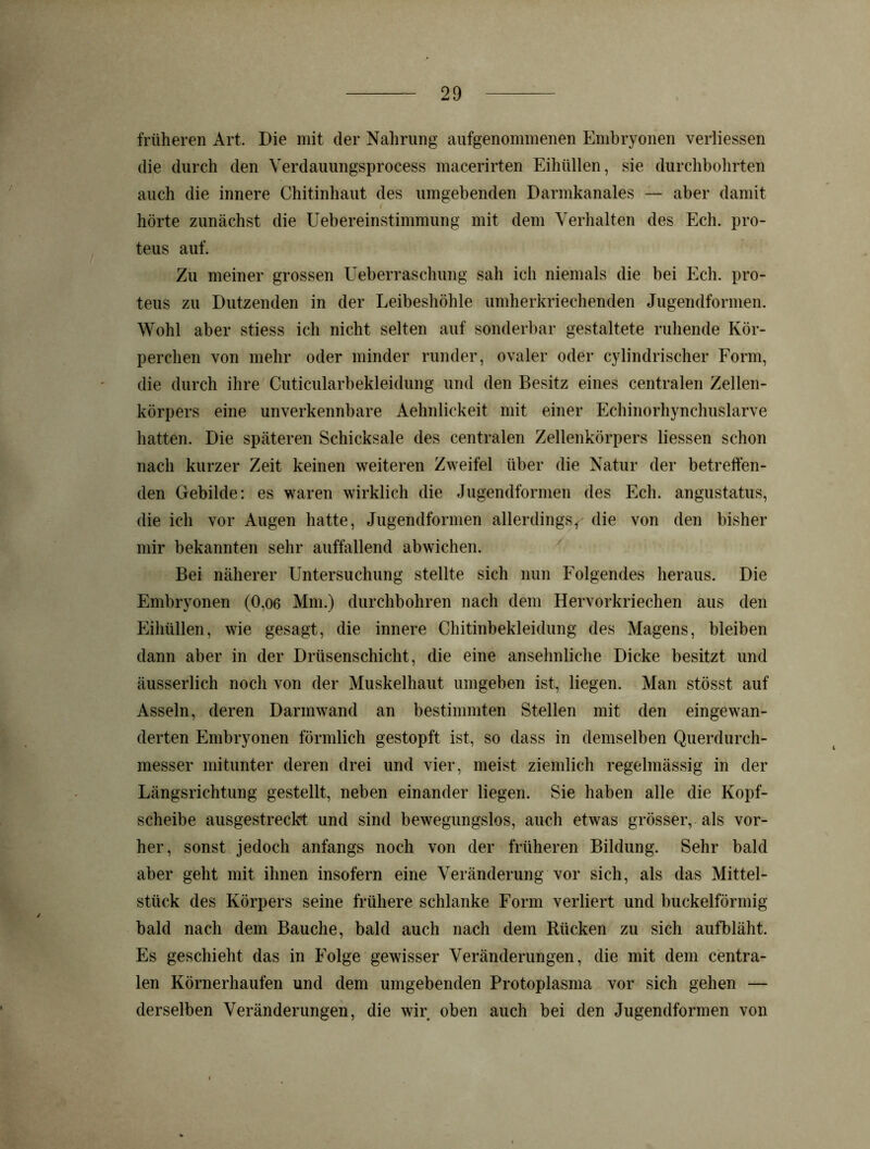 früheren Art. Die mit der Nahrung aufgenommenen Embryonen verliessen die durch den Yerdauungsprocess macerirten Eihüllen, sie durchbohrten auch die innere Chitinhaut des umgebenden Darmkanales — aber damit / £. hörte zunächst die Uebereinstimmung mit dem Verhalten des Ech. pro- teus auf. Zu meiner grossen Ueberraschung sah ich niemals die bei Ech. pro- teus zu Dutzenden in der Leibeshöhle umherkriechenden Jugendformen. Wohl aber stiess ich nicht selten auf sonderbar gestaltete ruhende Kör- perchen von mehr oder minder runder, ovaler oder cylindrischer Form, die durch ihre Cuticularbekleidung und den Besitz eines centralen Zellen- körpers eine unverkennbare Aehnlickeit mit einer Echinorhynchuslarve hatten. Die späteren Schicksale des centralen Zellenkörpers Hessen schon nach kurzer Zeit keinen weiteren Zweifel über die Natur der betreffen- den Gebilde: es waren wirklich die Jugendformen des Ech. angustatus, die ich vor Augen hatte, Jugendformen allerdings^ die von den bisher mir bekannten sehr auffallend abwichen. Bei näherer Untersuchung stellte sich nun Folgendes heraus. Die Embryonen (0,06 Mm.) durchbohren nach dem Hervorkriechen aus den Eilmllen, wie gesagt, die innere Chitinbekleidung des Magens, bleiben dann aber in der Drüsenschicht, die eine ansehnliche Dicke besitzt und äusserlich noch von der Muskelhaut umgeben ist, liegen. Man stösst auf Asseln, deren Darmwand an bestimmten Stellen mit den eingewan- derten Embryonen förmlich gestopft ist, so dass in demselben Querdurch- messer mitunter deren drei und vier, meist ziemlich regelmässig in der Längsrichtung gestellt, neben einander liegen. Sie haben alle die Kopf- scheibe ausgestreckt und sind bewegungslos, auch etwas grösser, als vor- her, sonst jedoch anfangs noch von der früheren Bildung. Sehr bald aber geht mit ihnen insofern eine Veränderung vor sich, als das Mittel- stück des Körpers seine frühere schlanke Form verliert und buckelförmig bald nach dem Bauche, bald auch nach dem Rücken zu sich aufbläht. Es geschieht das in Folge gewisser Veränderungen, die mit dem centra- len Körnerhaufen und dem umgebenden Protoplasma vor sich gehen — derselben Veränderungen, die wir oben auch bei den Jugendformen von