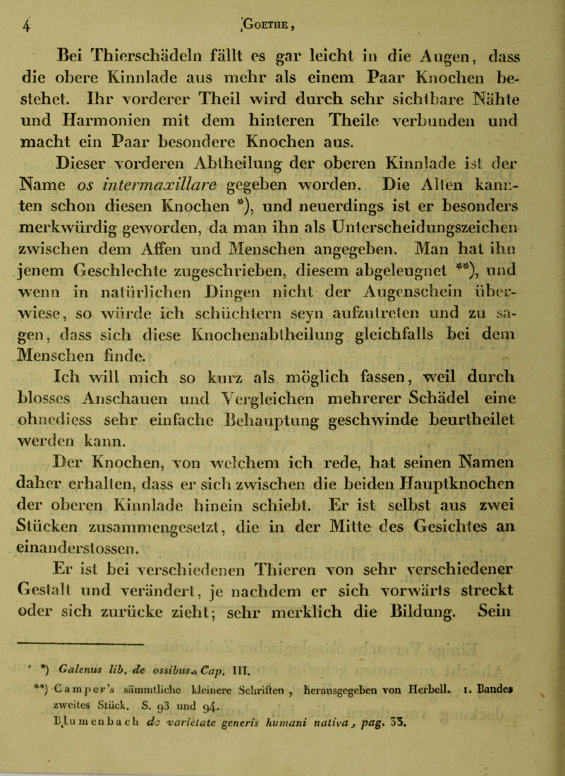 Bei Thierschädeln fällt es gar leicht in die Angen, dass die obere Kinnlade aus mehr als einem Paar Knochen be- stehet. Ihr vorderer Theil wird durch sehr sichtbare Nähte und Harmonien mit dem hinteren Theile verbunden und macht ein Paar besondere Knochen aus. Dieser vorderen Abtheilung der oberen Kinnlade ist der Name os intermaxillare gegeben worden. Die Alten kann- ten schon diesen Knochen *), und neuerdings ist er besonders merkwürdig geworden, da man ihn als Unterscheidungszeichen zwischen dem Affen und Menschen angegeben. Man hat ihn jenem Geschlechte zugeschrieben, diesem abgeleugnet **), und wenn in natürlichen Dingen nicht der Augenschein über- wiese, so würde ich schüchtern seyn aufzutreten und zu sa- gen, dass sich diese Knochenabtheilung gleichfalls bei dem Menschen finde. Ich will mich so kurz als möglich fassen, weil durch blosses Anschauen und Vergleichen mehrerer Schädel eine ohnediess sehr einfache Behauptung geschwinde beurtheilet werden kann. Der Knochen, von welchem ich rede, hat seinen Namen daher erhalten, dass er sich zwischen die beiden Hauptknochen der oberen Kinnlade hinein schiebt. Er ist selbst aus zwei Stücken zusammengesetzt, die in der Mitte des Gesichtes an einanderslossen. Er ist bei verschiedenen Thieren von sehr verschiedener Gestalt und verändert, je nachdem er sich vorwärts streckt oder sich zurücke zieht; sehr merklich die Bildung. Sein *) Galenus lib. de ossibus.% Cap. III. **) Camper’s sammtliche kleinere Schriften , herausgegeben von Herbell.. I. Bande® zweites Stück. S. g3 und ^4. EJ.umenbacli dz •varictale generis humani naliva, pcig» 33.