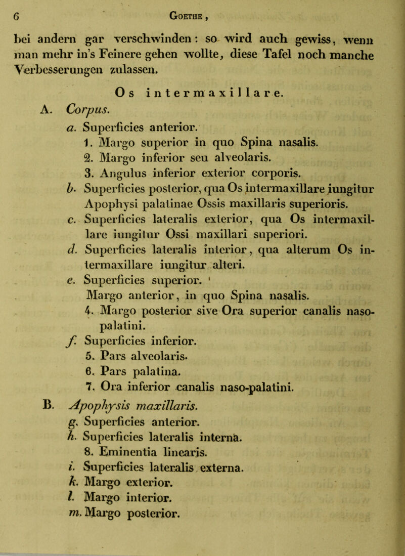 bei andern gar verschwinden: so wird auch gewiss, wenn man mehr in’s Feinere gehen wollte, diese Tafel noch manche Verbesserungen zulassen, Os intermaxilla re. A. Corpus. a. Superficies anterior. 1. Margo superior in quo Spina nasalis. 2. Margo inferior seu aheolaris. 3. Angulus inferior exterior corpox'is. b. Superficies posterior, qua Os intermaxillare iungitur Apophysi palatinae Ossis maxillaris superioris. c. Superficies lateralis exterior, qua Os intermaxil- lare iungitur Ossi maxillari superiori. d. Superficies lateralis interior, qua alterum Os in- lex'maxillare iungitxxr altex’i. e. Supex'ficies sixpex’iox\ 1 Margo anterior, in quo Spina nasalis. 4. Margo posterioi' sive Ora superior canalis xxaso- palatini. f Supex'ficies inferior. 5. Pax'S alveolai'is. 6. Pars palatiixa. 7. Ora inferior canalis naso-palatini. B. Apophysis maxillaris. g. Supex'ficies anterior. k. Superficies lateralis interna. 8. Eminentia linearis. i. Superficies lateralis, externa. k. Margo extex'ior. l. Max'go iixterior. m. Mai'go postei'ior.