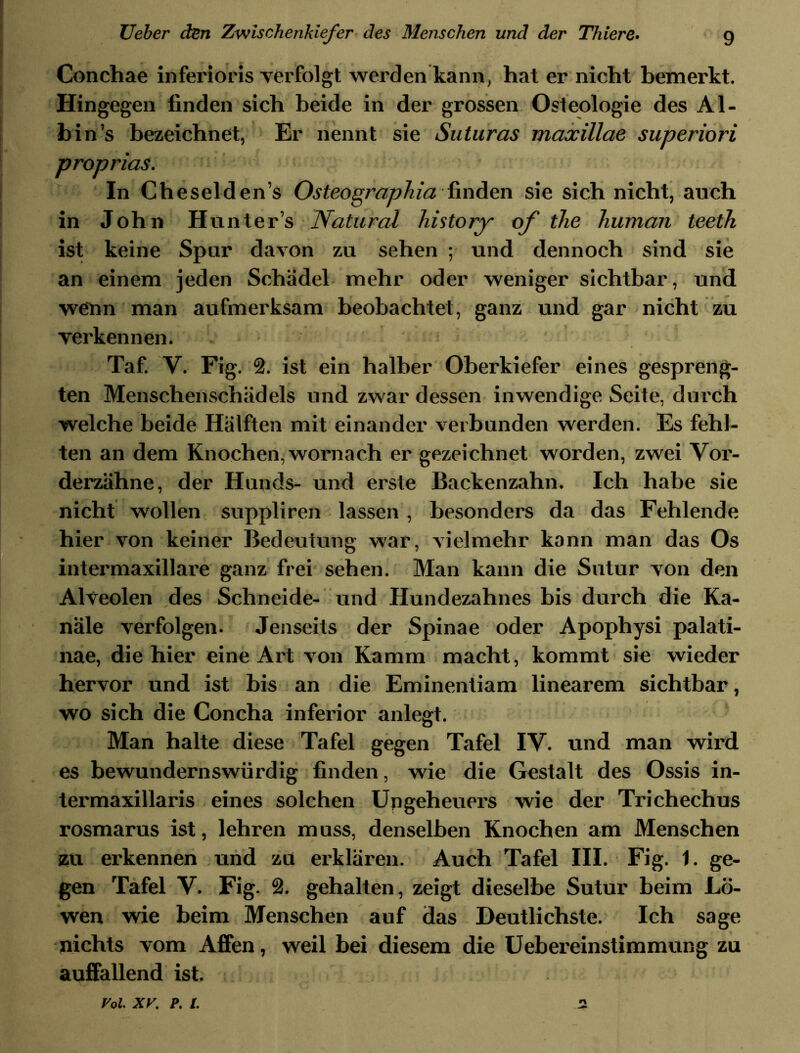 Conchae inferioris verfolgt werden kann, hat er nicht bemerkt. Hingegen finden sich beide in der grossen Osteologie des Al- hin’s bezeichnet, Er nennt sie Suturas maccillae superiori proprias. In Cheselden’s Osteographia finden sie sich nicht, auch in John Hunter’s Natural history of the human teeth ist keine Spur davon zu sehen ; und dennoch sind sie an einem jeden Schädel mehr oder weniger sichtbar, und wenn man aufmerksam beobachtet, ganz und gar nicht zu verkennen. Taf. V. Fig. 2. ist ein halber Oberkiefer eines gespreng- ten Menschenschädels und zwar dessen inwendige Seite, durch welche beide Hälften mit einander verbunden werden. Es fehl- ten an dem Knochen, wornach er gezeichnet worden, zwei Vor- derzähne, der Hunds- und erste Backenzahn. Ich habe sie nicht wollen suppliren lassen , besonders da das Fehlende hier von keiner Bedeutung war, vielmehr kann man das Os intermaxillare ganz frei sehen. Man kann die Sutur von den Alteoien des Schneide- und Hundezahnes bis durch die Ka- näle verfolgen. Jenseits der Spinae oder Apophysi palati- nae, die hier eine Art von Kamm macht, kommt sie wieder hervor und ist bis an die Eminenliam linearem sichtbar, wo sich die Concha inferior anlegt. Man halte diese Tafel gegen Tafel IV. und man wird es bewundernswürdig finden, wie die Gestalt des Ossis in- termaxillaris eines solchen Upgeheuers wie der Trichechus rosmarus ist, lehren muss, denselben Knochen am Menschen zu erkennen und zu erklären. Auch Tafel III. Fig. 1. ge- gen Tafel V. Fig. 2. gehalten, zeigt dieselbe Sutur beim Lö- wen wie beim Menschen auf das Deutlichste. Ich sage nichts vom Affen, weil bei diesem die Uebereinstimmung zu auffallend ist. i'oi. xv. p. i. a