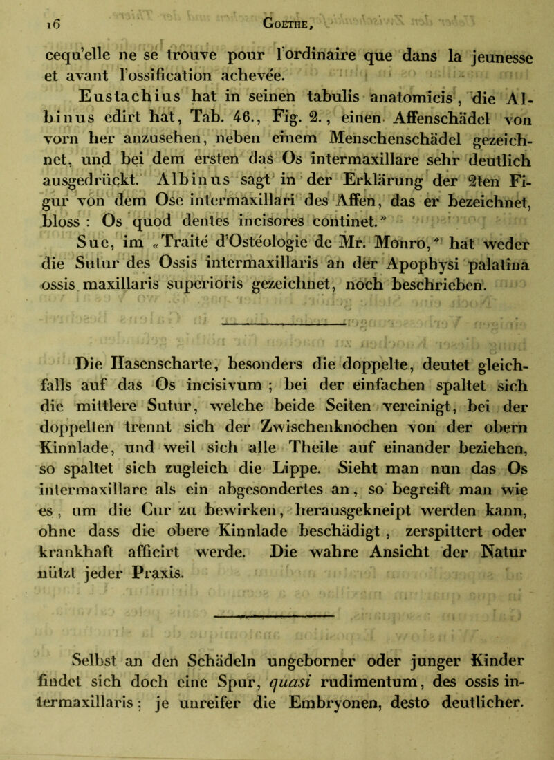 VMS\ Goethe, .\a.,~ , cequ’elle ne se trouve pour l’ordinaire que dans la jeunesse et avant l’ossification achevee. Eustachius hat in seinen tabulis anatomicis , die Al- binus edirt hat, Tab. 46., Fig. 2., einen Affenschädel von , * . vorn her anzusehen, neben einem Menschenschädel gezeich- net, und bei dem ersten das Os intermaxillare sehr deutlich . * ausgedrückt. Alb in vis sagt in'der Erklärung der 2ten Fi- gur von dem Ose intermaxillari des Affen, das er bezeichnet, bloss : Os quod dentes incisores continet. Sue, im «Traite d’Osteologie de Mr. Monro, hat weder die Sutur des Ossis intermaxillaris an der Apophysi palatina ossis maxillaris superioris gezeichnet, noch beschrieben. rv’/i 11 • r : T • 'jr. t !• k’U l s Die Hasenscharte, besonders die doppelte, deutet gleich- falls auf das Os incisivum ; bei der einfachen spaltet sich die mittlere Sutur, welche beide Seiten vereinigt, bei der doppelten trennt sich der Zwischenknochen von der obern Kinnlade, und weil sich alle Theile auf einander beziehen, so spaltet sich zugleich die Lippe. Sieht man nun das Os intermaxillare als ein abgesondertes an, so begreift man wie es , um die Cur zu bewirken, herausgekneipt werden kann, ohne dass die obere Kinnlade beschädigt , zerspiltert oder krankhaft afticirt werde. Die wahre Ansicht der Natur m r * nützt jeder Praxis. Selbst, an den Schädeln ungeborner oder junger Kinder findet sich doch eine Spur, quasi rudimentum, des ossis in- iermaxillaris: je unreifer die Embryonen, desto deutlicher.