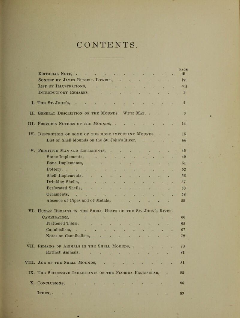 CONTENTS PAGE Editorial Note, iii Sonnet by James Russell Lowell, iv List of Illustrations, vii Introductory Remarks, 3 I. The St. John’s, 4 II. General Description of the Mounds. With Map, ... 8 III. Previous Notices of the Mounds, 14 IV. Description of some of the more important Mounds, . . 15 List of Shell Mounds on the St. John’s River, .... 44 V. Primitive Man and Implements, 45 Stone Implements, 49 Bone Implements, 51 Potteiy, 52 Shell Implements, 56 Drinking Shells, 57 Perforated Shells, 58 Ornaments, 58 Absence of Pipes and of Metals, 59 YI. Human Remains in the Shell Heaps of the St. John's River. Cannibalism, 60 Flattened Tibise, 65 Cannibalism, 67 Notes on Cannibalism, 72 VII. Remains of Animals in the Shell Mounds, . . . . . 78 Extinct Animals, 81 VIII. Age of the Shell Mounds, 81 IX. The Successive Inhabitants of the Florida Peninsular, . 85 X. Conclusions, 86 Index, 89