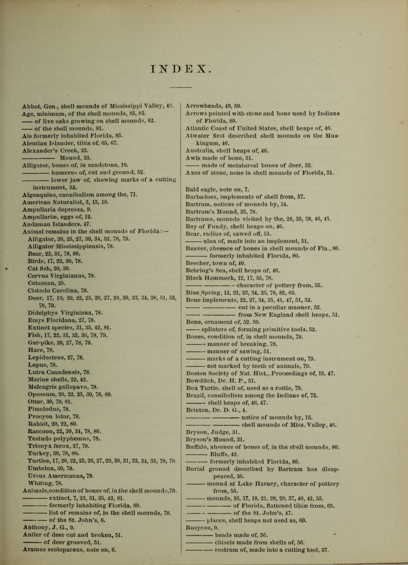 INDEX Abbot, Gen., shell mounds of Mississippi Valley, 40. Age, minimum, of the shell mounds, 83, 85. of live oaks growing on shell mounds, 82. of the shell mounds, 81. Ais formerly inhabited Florida, 85. Aleutian Islander, tibia of, 65, 67. Alexander’s Creek, 23. Mound, 33. Alligator, bones of, in sandstone, 19. humerus of, cut and ground, 52. lower jaw of, showing marks of a cutting instrument, 52. Algonquins, cannibalism among the, 71. American Naturalist, 3,15,18. Ampullaria depressa, 9. Ampullariae, eggs of, 12. Andaman Islanders, 47. Animal remains in the shell mounds of Florida: — Alligator, 20, 25, 27, 30, 34, 52, 78, 79. Alligator Mississippiensis, 78. Bear, 22, 51, 78, 80. Birds, 17, 22, 30, 78. Cat fish, 20, 30. Cervus Virginianus, 78. Cetacean, 25. Cistudo Carolina, 78. Deer, 17, 19, 20, 22, 25, 26, 27, 29, 30, 33, 34, 38, 51, 52, 78, 79. Didelphys Virginiana, 78. Emys Floridana, 27, 78. Extinct species, 31, 35, 42, 81. Fish, 17, 22, 31, 33, 36, 78, 79. Gar-pike, 20, 27, 78, 79. Hare, 78. Lepidosteus, 27, 78. Lepus, 78. Lutra Canadensis, 78. Marine shells, 22, 42. Meleagris gallopavo, 78. Opossum, 20, 22, 25, 30, 78, 80. Otter, 30, 78, 81. Pimelodus, 78. Procyon lotor, 7S. Rabbit, 20, 22, 80. Raccoon, 22, 30, 34, 78, 80. Testudo polyphemus, 78. Trionyx ferox, 27, 78. Turkey, 30, 78, 80. Turtles, 17,20, 22,25,26,27, 29, 30, 31, 33, 34, 35, 78, 79. Umbrina, 30, 78. Ursus Americanus, 78. Whiting, 78. Animals,condition of bones of, in.the shell mounds,79. extinct, 7, 23, 31, 35, 42, 81. formerly inhabiting Florida, 80. list of remains of, in the shell mounds, 78. of the St. John’s, 6. Anthony, J. G., 9. Antler of deer cut and broken, 51. of deer grooved, 51. Aramus scolopaceus, note on, 6. Arrowheads, 49, 50. Arrows pointed with stone and bone used by Indians of Florida, 80. Atlantic Coast of United States, shell heaps of, 46. Atwrater first described shell mounds on the Mus- kingum, 46. Australia, shell heaps of, 46. Awls made of bone, 51. made of metatarsal bones of deer, 52. Axes of stone, none in shell mounds of Florida, 51. Bald eagle, note on, 7. Barbadoes, implements of shell from, 57. Bartram, notices of mounds by, 14. Bartram’s Mound, 35, 78. Bartrams, mounds visited by the, 28, 35, 38, 40, 43. Bay of Fnndy, shell heaps on, 46. Bear, radius of, sawed off, 51. ulna of, made into an implement, 51, Beaver, absence of bones in shell mounds of Fla., 80. formerly inhabited Florida, 80. Beecher, town of, 40. Behring’s Sea, shell heaps of, 46. Black Hammock, 12,17, 55, 78. character of pottery from, 55. Blue Spring, 12, 21, 23, 24, 25, 78, 82, 83. Bone implements, 22, 27, 34, 35, 41, 47, 51, 52. cut in a peculiar manner, 52. from New England shell heaps, 51. Bone, ornament of, 52, 59. splinters of, forming primitive tools, 52. Bones, condition of, in shell mounds, 79. manner of breaking, 79. manner of sawing, 51. marks of a cutting instrument on, 79. not marked by teeth of animals, 79. Boston Society of Nat. Hist., Proceedings of, 15, 47. Bowditcli, Dr. H. P., 51. Box Turtle, shell of, used as a rattle, 79. Brazil, cannibalism among the Indians of, 73. shell heaps of, 46, 47. Brinton, Dr. D. G., 4. notice of mounds by, 15. shell mounds of Miss. Valley, 46. Bryson, Judge, 31. Bryson’s Mound, 31. Buffalo, absence of bones of, in the shell mounds, 80. Bluffs, 42. formerly inhabited Florida, 80. Burial ground described by Bartram has disap- peai'ed, 36. mound at Lake Harney, character of pottery from, 55. mounds, 16, 17, 18, 21, 28, 29, 37, 40, 42, 55. of Florida, flattened tibiae from, 65. — of the St. John’s, 47. — places, shell heaps not used as, 60. Busycon, 9. beads made of, 56. chisels made from shells of, 56. rostrum of, made into a cutting tool, 57.