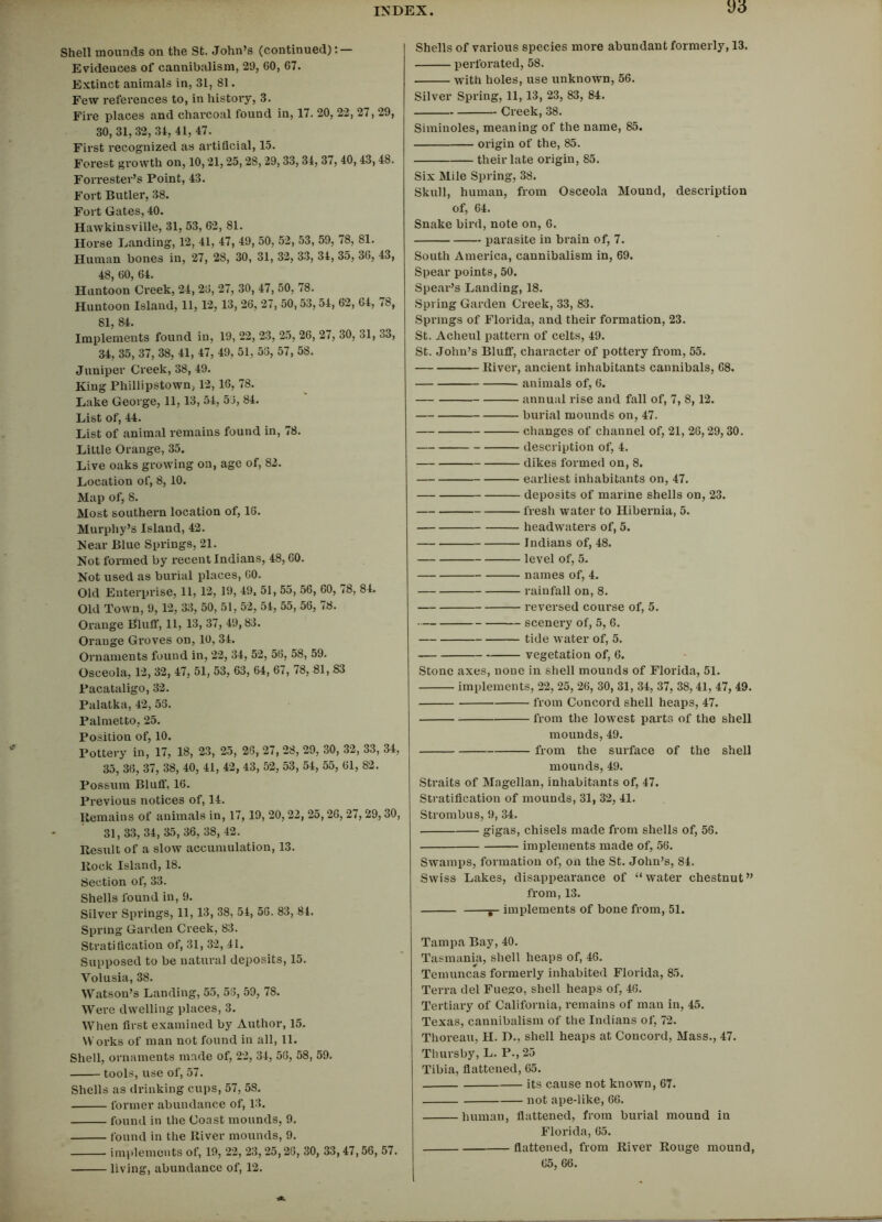 Vd Shell mounds on the St. John’s (continued): — Evidences of cannibalism, 29, 60, 67. Extinct animals in, 31, 81. Few references to, in history, 3. Fire places and charcoal found in, 17. 20, 22, 27, 29, 30, 31,32,31,41,47. First recognized as artificial, 15. Forest growth on, 10, 21,25, 28, 29, 33, 34, 37, 40, 43, 48. Forrester’s Point, 43. Fort Butler, 38. Fort Gates, 40. Hawkinsville, 31, 53, 62, 81. Horse Landing, 12, 41, 47, 49, 50, 52, 53, 59, 78, 81. Human bones in, 27, 28, 30, 31, 32, 33, 34, 35, 36, 43, 48, 60, 64. Huntoon Creek, 24, 26, 27, 30, 47, 50, 78. Huntoon Island, 11, 12, 13, 26, 27, 50,53, 54, 62, 64, <8, 81, 84. Implements found in, 19, 22, 23, 25, 26, 27, 30, 31, 33, 34, 35, 37, 38, 41, 47, 49, 51, 53, 57, 58. Juniper Creek, 38, 49. King Phillipstown, 12, 16, 78. Lake George, 11, 13, 54, 56, 84. List of, 44. List of animal remains found in, 78. Little Orange, 35. Live oaks growing on, age of, 82. Location of, 8, 10. Map of, 8. Most southern location of, 16. Murphy’s Island, 42. Near Blue Springs, 21. Not formed by recent Indians, 48, 60. Not used as burial places, 60. Old Enterprise, 11, 12, 19, 49, 51,55, 56, 60, 78, 8L Old Town, 9, 12, 33, 50, 51, 52, 54, 55, 56, 78. Orange Bluff, 11, 13, 37, 49,83. Orange Groves on, 10, 34. Ornaments found in, 22, 34, 52, 56, 58, 59. Osceola, 12, 32, 47, 51, 53, 63, 64, 67, 78, 81, 83 Pacataligo, 32. Palatka, 42, 53. Palmetto, 25. Position of, 10. Pottery in, 17, 18, 23, 25, 23, 27, 28, 29, 30, 32, 33, 34, 35, 36, 37, 38, 40, 41, 42, 43, 52, 53, 54, 55, 61, 82. Possum Bluff, 16. Previous notices of, 14. Remains of animals in, 17, 19, 20, 22, 25,26, 27, 29, 30, 31,33,34,35,36,38,42. Result of a slow accumulation, 13. Rock Island, 18. Section of, 33. Shells found in, 9. Silver Springs, 11,13, 38, 54, 56. 83, 84. Spring Garden Creek, 83. Stratification of, 31, 32, 41. Supposed to be natural deposits, 15. Volusia, 38. Watson’s Landing, 55, 53, 59, 78. Were dwelling places, 3. When first examined by Author, 15. Works of man not found in all, 11. Shell, ornaments made of, 22, 34, 58, 58, 59. tools, use of, 57. Shells as drinking cups, 57, 58. former abundance of, 13. found in the Coast mounds, 9. found in the River mounds, 9. implements of, 19, 22, 23, 25,26, 30, 33,47,56, 57. living, abundance of, 12. Shells of various species more abundant formerly, 13. perforated, 58. with holes, use unknown, 56. Silver Spring, 11,13, 23, 83, 84. Creek, 38. Siminoles, meaning of the name, 85. origin of the, 85. their late origin, 85. Six Mile Spring, 38. Skull, human, from Osceola Mound, description of, 64. Snake bird, note on, 6. parasite in brain of, 7. South America, cannibalism in, 69. Spear points, 50. Spear’s Landing, 18. Spring Garden Creek, 33, 83. Springs of Florida, and their formation, 23. St. Acheul pattern of celts, 49. St. John’s Bluff, character of pottery from, 55. River, ancient inhabitants cannibals, 68. animals of, 6. annual rise and fall of, 7, 8,12. burial mounds on, 47. changes of channel of, 21, 26,29,30. description of, 4. dikes formed on, 8. earliest inhabitants on, 47. deposits of marine shells on, 23. fresh water to Hibernia, 5. headwaters of, 5. Indians of, 48. level of, 5. names of, 4. rainfall on, 8. reversed course of, 5. scenery of, 5, 6. tide water of, 5. vegetation of, 6. Stone axes, none in shell mounds of Florida, 51. implements, 22, 25, 26, 30, 31, 34, 37, 38, 41, 47, 49. from Concord shell heaps, 47. from the lowest parts of the shell mounds, 49. from the surface of the shell mounds, 49. Straits of Magellan, inhabitants of, 47. Stratification of mounds, 31, 32, 41. Strombus, 9, 34. gigas, chisels made from shells of, 56. implements made of, 56. Swamps, formation of, on the St. John’s, 84. Swiss Lakes, disappearance of “water chestnut” from, 13. j- implements of bone from, 51. Tampa Bay, 40. Tasmania, shell heaps of, 46. Temuncas formerly inhabited Florida, 85. Terra del Fuego, shell heaps of, 46. Tertiary of California, remains of man in, 45. Texas, cannibalism of the Indians of, 72. Thoreau, H. D., shell heaps at Concord, Mass., 47. Tlmrsby, L. P., 25 Tibia, flattened, 65. its cause not known, 67. not ape-like, 66. human, flattened, from burial mound in Florida, 65. flattened, from River Rouge mound, 65, 66.