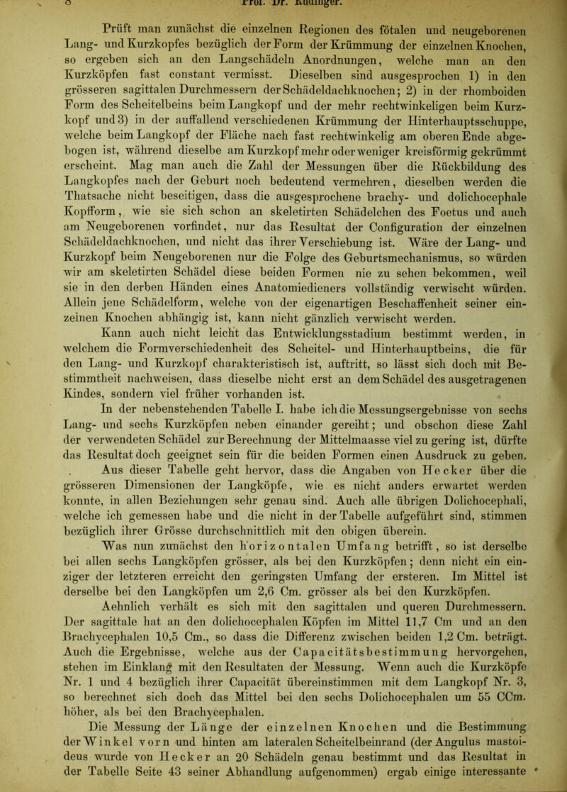 rrui. ur. xuiuiugtjr. Prüft man zunächst die einzelnen Regionen des fötalen und neugeborenen Lang- und Kurzkopfes bezüglich der Form der Krümmung der einzelnen Knochen, so ergeben sich an den Langschädeln Anordnungen, welche man an den Kurzköpfen fast constant vermisst. Dieselben sind ausgesprochen 1) in den grösseren sagittalen Durchmessern der Schädeldachknochen; 2) in der rhomboiden Form des Scheitelbeins beim Langkopf und der mehr rechtwinkeligen beim Kurz- kopf und 3) in der auffallend verschiedenen Krümmung der Hinterhauptsschuppe, welche beim Langkopf der Fläche nach fast rechtwinkelig am oberen Ende abge- bogen ist, während dieselbe am Kurzkopf mehr oder weniger kreisförmig gekrümmt erscheint. Mag man auch die Zahl der Messungen über die Rückbildung des Langkopfes nach der Geburt noch bedeutend vermehren, dieselben werden die Thatsache nicht beseitigen, dass die ausgesprochene brachy- und dolichocephale Kopfform, wie sie sich schon an skeletirten Schädelchen des Foetus und auch am Neugeborenen vorfindet, nur das Resultat der Configuration der einzelnen Schädeldachknochen, und nicht das ihrer Verschiebung ist. Wäre der Lang- und Kurzkopf beim Neugeborenen nur die Folge des Geburtsmechanismus, so würden wir am skeletirten Schädel diese beiden Formen nie zu sehen bekommen, weil sie in den derben Händen eines Anatomiedieners vollständig verwischt würden. Allein jene Schädelform, welche von der eigenartigen Beschaffenheit seiner ein- zelnen Knochen abhängig ist, kann nicht gänzlich verwischt werden. Kann auch nicht leicht das Entwicklungsstadium bestimmt werden, in welchem die Formverschiedenheit des Scheitel- und Hinterhauptbeins, die für den Lang- und Kurzkopf charakteristisch ist, auftritt, so lässt sich doch mit Be- stimmtheit nachweisen, dass dieselbe nicht erst an dem Schädel des ausgetragenen Kindes, sondern viel früher vorhanden ist. In der nebenstehenden Tabelle I. habe ich die Messungsergebnisse von sechs Lang- und sechs Kurzköpfen neben einander gereiht; und obschon diese Zahl der verwendeten Schädel zur Berechnung der Mittelmaasse viel zu gering ist, dürfte das Resultat doch geeignet sein für die beiden Formen einen Ausdruck zu geben. Aus dieser Tabelle geht hervor, dass die Angaben von Hecker über die grösseren Dimensionen der Langköpfe, wie es nicht anders erwartet werden konnte, in allen Beziehungen sehr genau sind. Auch alle übrigen Dolichocephali, welche ich gemessen habe und die nicht in der Tabelle aufgeführt sind, stimmen bezüglich ihrer Grösse durchschnittlich mit den obigen überein. Was nun zunächst den horizontalen Umfang betrifft, so ist derselbe bei allen sechs Langköpfen grösser, als bei den Kurzköpfen; denn nicht ein ein- ziger der letzteren erreicht den geringsten Umfang der ersteren. Im Mittel ist derselbe bei den Langköpfen um 2,6 Cm. grösser als bei den Kurzköpfen. Aehnlich verhält es sich mit den sagittalen und queren Durchmessern. Der sagittale hat an den dolichocephalen Köpfen im Mittel 11,7 Cm und an den Brachycephalen 10,5 Cm., so dass die Differenz zwischen beiden 1,2 Cm. beträgt. Auch die Ergebnisse, welche aus der Capacitätsbcstimmung hervorgehen, stehen im Einklang mit den Resultaten der Messung. Wenn auch die Kurzköpfe Nr. 1 und 4 bezüglich ihrer Capacität übereinstimmen mit dem Langkopf Nr. 3, so berechnet sich doch das Mittel bei den sechs Dolichocephalen um 55 CCm. höher, als bei den Brachycephalen. Die Messung der Länge der einzelnen Knochen und die Bestimmung der Winkel vorn und hinten am lateralen Scheitelbeinrand (der Angulus mastoi- deus wurde von Hecker an 20 Schädeln genau bestimmt und das Resultat in der Tabelle Seite 43 seiner Abhandlung aufgenommen) ergab einige interessante '