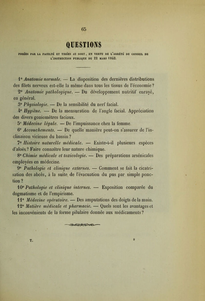 QUESTIONS POSÉES PAR LA FACULTÉ ET TIRÉES AU SORT, EN VERTO DE L’ARRÊTÉ DO CONSEIL DE l’instroction PUBLIQUE DO 22 MARS 1842. 10 Anatomie normale. — La disposition des dernières distributions des filets nerveux est-elle la même dans tous les tissus de l’économie? 2° Anatomie pathologique. — Du développement nutritif enrayé, en général. 3° Physiologie. — De la sensibilité du nerf facial. 4° Hygiène. — De la mensuration de l’angle facial. Appréciation des divers goniomètres faciaux. 5° Médecine légale. — De l’impuissance chez la femme. 6° Accouchements. — De quelle manière peut-on s’assurer de l’in- clinaison vicieuse du bassin? 7° Histoire naturelle médicale. — Existe-i-il plusieurs espèces d’aloëa? Faire connaître leur nature chimique. 8° Chimie médicale et toxicologie. — Des préparations arsénicales employées en médecine. 9° Pathologie et clinique externes. — Comment se fait la cicatri- sation des abcès, à la suite de l’évacuation du pus par simple ponc- tion ? 100 Pathologie et clinique internes. — Exposition comparée du dogmatisme et de l’empirisme. 11° Médecine opératoire. — Des amputations des doigts delà main. 12° Matière médicale et pharmacie. — Quels sont les avantages et les inconvénients de la forme pilulaire donnée aux médicaments? T. 0