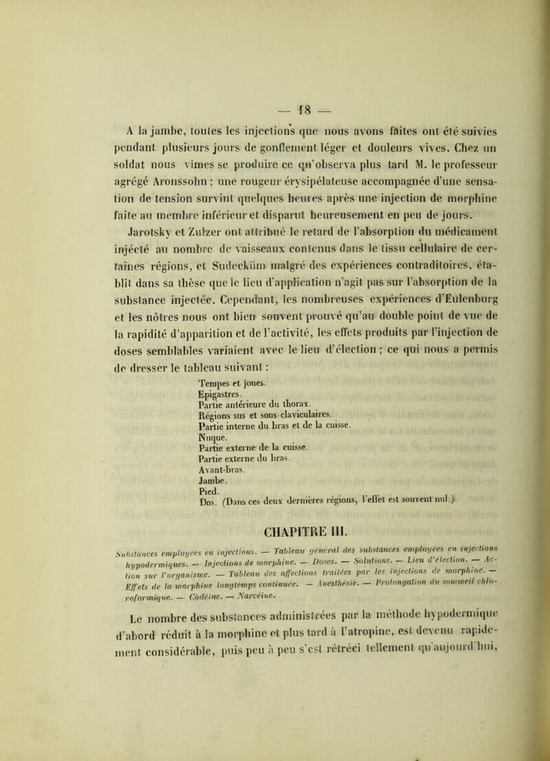 A la jambe, toutes les injections que nous avons laites ont été suivies pendant plusieurs jours de gonflement léger et douleurs vives. Chez un soldat nous vîmes se produire ce qu’observa plus tard M. le professeur agrégé Aronssohn ; une rougeur érysipélateuse accompagnée d’une sensa- tion de tension survint quelques heures après une injection de morphine faite au membre inférieur et disparut heureusement en peu de jours. Jarotsky et Zulzer ont attribué le retard de l’absorption du médicament injéeté au nombre de vaisseaux contenus dans le tissu cellulaire de cer- taines régions, et Sudecküm malgré des expériences contraditoires, éta- blit dans sa thèse que le lieu d'application n’agit pas sur l’absorption de la substance injectée. Cependant, les nombreuses expériences d’Eulenburg et les nôtres nous ont bien souvent prouvé qu’au double point de vue de la rapidité d’apparition et de l’activité, les effets produits par l’injection de doses semblables variaient avec le lieu d’élection ; ce qui nous a permis de dresser le tableau suivant : Tempes et joues. Epigastres. Partie antérieure du thorax. Régions sus et sous claviculaires. Partie interne du bras et de la cuisse. Nuque. Partie externe de la cuisse. Partie externe du bras. Avant-bras. Jambe. Pied. Dos. (Dans ces deux dernières régions, l’effet est souvent nul.) CHAPITRE III. Substances employées en injections. - Tableau général des substances employées en injections hypodermiques. — Injections de morphine. — Doses. — Solutions. — Lieu d’élechon. Ac- tion sur y organisme.' — Tableau des affections traitées par les injections de morphine. - Effets de la morphine longtemps continuée. — Anesthésie. — Prolongation du sommeil chlo- roformique. — Codéine. — \ arcéiue. Le nombre des substances administrées par la méthode hypodermique d abord réduit à la morphine et plus tard à 1 atropine, est détenu tapide- ment considérable, puis peu à peu s’est rétréci tellement qu’aujourd’hui,