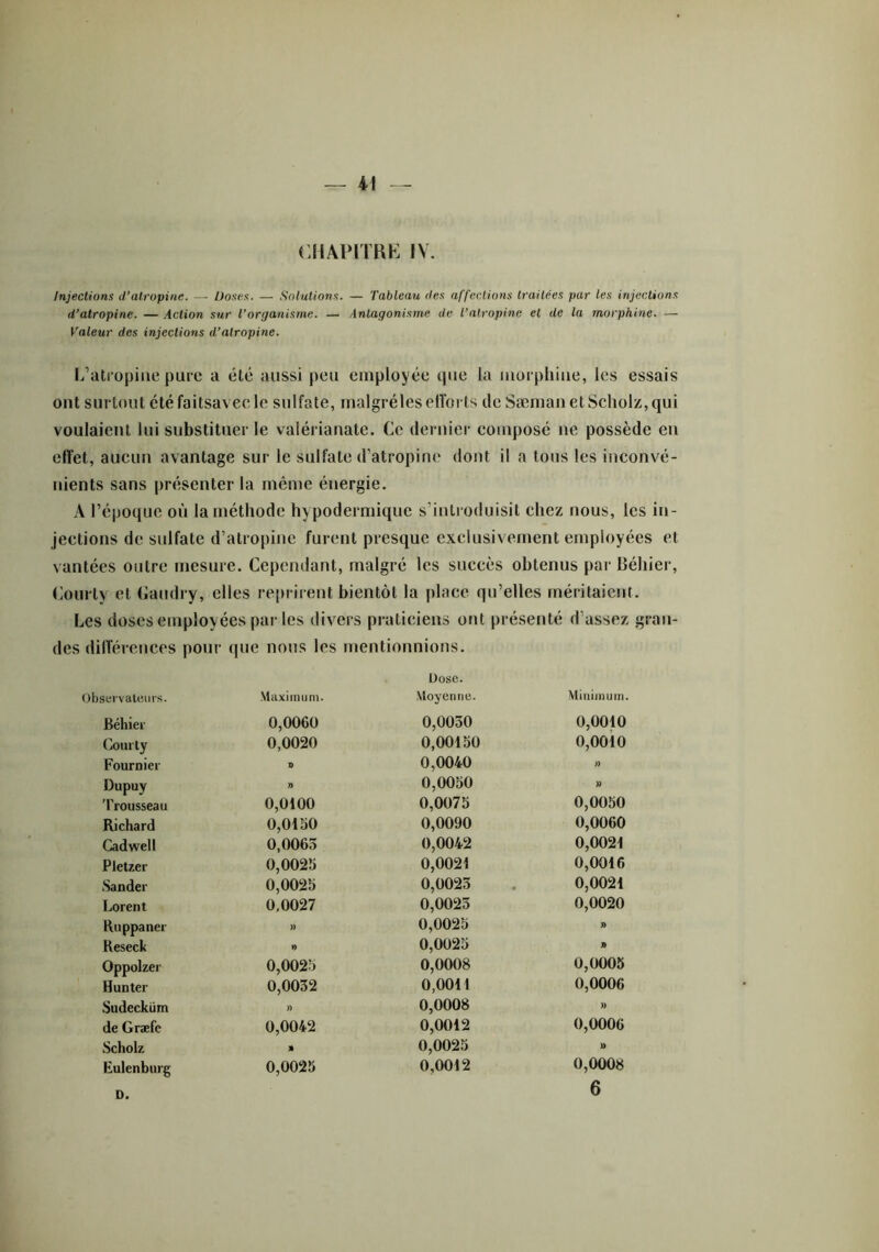 CHAPITRE IV. Injections d’atropine. — Uoses. — Solutions. — Tableau des affections traitées par les injections d’atropine. — Action sur l’organisme. — Antagonisme de l’atropine et de la morphine. — Valeur des injections d’atropine. L'atropine pure a été aussi peu employée que la morphine, les essais ont surtout étéfaitsavecle sulfate, malgré les efforts de Sæman etScholz,qui voulaient lui substituer le valérianate. Ce dernier composé ne possède en effet, aucun avantage sur le sulfate d’atropine dont il a tous les inconvé- nients sans présenter la même énergie. A l’époque où la méthode hypodermique s’introduisit chez nous, les in- jections de sulfate d’atropine furent presque exclusivement employées et vantées outre mesure. Cependant, malgré les succès obtenus par Béhier, Courly et Caudry, elles reprirent bientôt la place qu’elles méritaient. Les doses employées par les divers praticiens ont présenté d’assez gran- des différences pour (pie nous les mentionnions. Observateurs. Maximum. L)ose. Moyenne. Minimum. Béhier 0,0060 0,0050 0,0010 Courty 0,0020 0,00150 0,0010 Fournier 0 0,0040 » Dupuy » 0,0050 » 'trousseau 0,0100 0,0075 0,0050 Richard 0,0150 0,0090 0,0060 Cadwell 0,0065 0,0042 0,0021 Pletzer 0,0025 0,0021 0,0016 Sander 0,0025 0,0025 0,0021 Lorent 0.0027 0,0023 0,0020 Ruppaner )) 0,0025 » Reseck » 0,0025 » Oppolzer 0,0025 0,0008 0,0005 Hunter 0,0032 0,0011 0,0006 Sudecküm )) 0,0008 » de Græfc 0,0042 0,0012 0,0006 Scholz » 0,0025 U Eulenburg 0,0025 0,0012 0,0008 D. 6