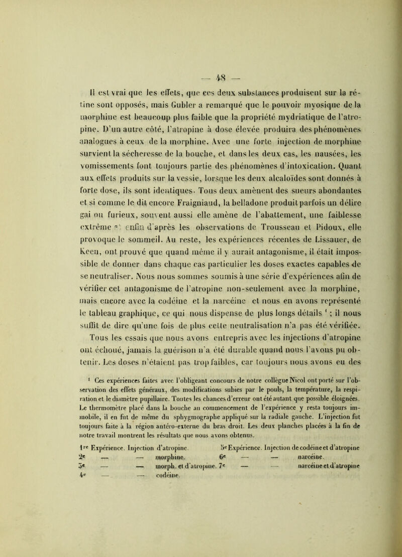 li est vrai que les effets, que ees deux substances produisent sur la ré- tine sont opposés, mais Gubler a remarqué que le pouvoir mvosique de la morphine est beaucoup plus faible que la propriété mydriatique de l’atro- pine. D’un autre côté, l’atropine à dose élevée produira des phénomènes analogues à ceux de la morphine. Avec une forte injection de morphine survient la sécheresse de la bouche, et dans les deux cas, les nausées, les vomissements font toujours partie des phénomènes d’intoxication. Quant aux effets produits sur la vessie, lorsque les deux alcaloïdes sont donnés à forte dose, ils sont identiques- Tous deux amènent des sueurs abondantes et si comme le dit encore Fraigniaud, la belladone produit parfois un délire gai ou furieux, souvent aussi elle amène de l’abattement, une faiblesse extrême enfin d'après les observations de Trousseau et Pidoux, elle provoque le sommeil. Au reste, les expériences récentes de Lissauer, de Keen, ont prouvé que quand même il y aurait antagonisme, il était impos- sible de donner dans chaque cas particulier les doses exactes capables de se neutraliser. Nous nous sommes soumis à une série d’expériences afin de vérifier cet antagonisme de l’atropine non-seulement avec la morphine, mais encore avec la codéine et la narcéine cl nous en avons représenté le tableau graphique, ce qui nous dispense de plus longs détails 1 ; il nous suffit de dire qu’une fois de plus cette neutralisation n’a pas été vérifiée. Tous les essais que nous avons entrepris avec les injections d’atropine ont échoué, jamais la guérison n’a été durable quand nous l’avons pu ob- tenir. Les doses n’étaient pas trop faibles, car toujours nous avons eu des 1 Ces expériences faites avec l’obligeant concours de notre collègue Nicol ont porté sur l’ob- servation des effets généraux, des modifications subies par le pouls, la température, la respi- ration et le diamètre pupillaire. Toutes les chances d’erreur ontétéautant que possible éloignées. Le thermomètre placé dans la bouche au commencement de l’expérience y resta toujours im- mobile, il en fut de même du sphygmographe appliqué sur la radiale gauche. L’injection fut toujours faite à la région antéro-externe du bras droit. Les deux planches placées à la fin de notre travail montrent les résultats que nous avons obtenus. lre Expérience. Injection d’atropine. 5e Expérience. Injection de codéine et d’atropine 2e — — morphine. 6e — — narcéine. .)« 4e — — morph. et d'atropine. 7e — codéine. — — narcéine et d’atropine