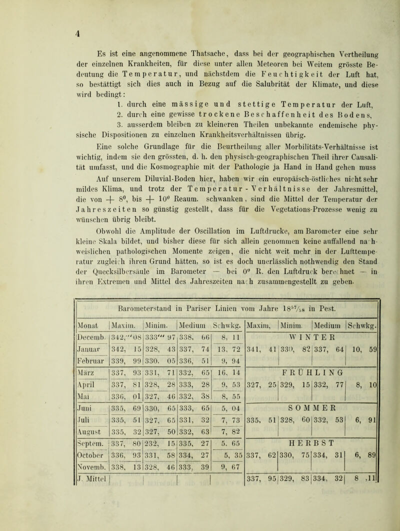 Es ist eine angenommene Thatsache, dass hei der geographischen Vertheilung der einzelnen Krankheiten, für diese unter allen Meteoren bei Weitem grösste Be- deutung die Temperatur, und nächstdem die Feuchtigkeit der Luft hat, so bestätigt sich dies auch in Bezug auf die Salubrität der Klimate, und diese wird bedingt: 1. durch eine massige und stettige Temperatur der Luft, 2. durch eine gewisse trockene Beschaffenheit des Bodens, 3. ausserdem bleiben zu kleineren Theilen unbekannte endemische phy- sische Dispositionen zu einzelnen Krankheitsverhältnissen übrig. Eine solche Grundlage für die Beurtheilung aller Morbilitäts-Verhältnisse ist wichtig, indem sie den grössten, d. h. den physisch-geographischen Theil ihrer Causali- tät umfasst, und die Kosmographie mit der Pathologie ja Hand in Hand gehen muss Auf unserem Diluvial-Boden hier, haben wir ein europäisch-östliches nichtsehr mildes Klima, und trotz der Temperatur-Verhältnisse der Jahresmittel, die von + 8°, bis -f- 10° Reaum. schwanken, sind die Mittel der Temperatur der Jahreszeiten so günstig gestellt, dass für die Vegetations-Prozesse wenig zu wünschen übrig bleibt. Obwohl die Amplitude der Oscillation im Luftdrucke, am Barometer eine sehr kleine Skala bildet, und bisher diese für sich allein genommen keine auffallend nach- weislichen pathologischen Momente zeigen, die nicht weit mehr in der Lufttempe ratur zugleich ihren Grund hätten, so ist es doch unerlässlich nothwendig den Stand der Quecksilbersäule im Barometer — bei 0° R. den Luftdruck berechnet — in ihren Extremen und Mittel des Jahreszeiten nach zusammengestellt zu geben. Barometerstand in Pariser Linien vom Jahre 1857A8 in Pest. Monat Maxim. Minim. Medium Schwkg. Maxim, Minim. Medium | Schwkg. Decemb. 342,' '08 333' 97 338, 66 8, 11 WINTER Januar 342, 15 328, 43 337, 74 13, 72 341, 41 330, 82 337, 64 10, 59 Februar 339, 99 330, 05 336, 51 9, 94 März 337, 93 331, 71 332, 65 16, 14 FRÜHLING April 337, S1 328, 28 333, 28 9, 53 327, 25 329, 15 332, 77 8, 10 Mai 330, 01 327, 46 332, 38 8, 55 Juni 335, 69 330, 65 333, 65 5, 04 SOMMER Juli 335, 51 327, 65 331, 32 7, 73 335, 51 328, 60 332, 53 6, 91 August 335, 32 327, 50 332, 63 7, 82 Septem. 337, 80 232, 15 335, 27 5, 65 HERBST October 336, 93 331, 58 334, 27 5, 35 337, 62 330, 75 334, 31 6, 89 Novemb. 338, 13 328, 46 333, 39 9, 67 J. Mittel 337, 95 329, 83 334, 32 8 ,11