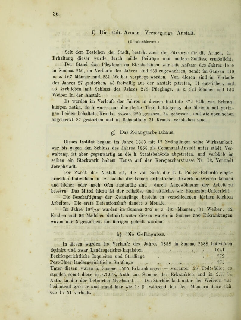 f) Die städt. Armen - Versorgungs- Anstalt. (Elisabethineum.) Seit dem Bestehen der Stadt, besteht auch die Fürsorge für die Annen. L. Erhaltung dieser wurde durch milde Beiträge und andere Zuflüsse ermöglicht. Der Stand dar Pfleglinge im Elisabethineo war mit Anfang des Jahres 1 S5fc in Summa 259, im Verlaufe des Jahres sind 159 zugewachsen, somit im Ganzen 418 u. z. 167 Männer nnd 251 Weiber verpflegt worden. Von diesen sind im Verlaufe des Jahres 87 gestorben, 43 freiwillig aus der Anstalt getreten, 11 entwichen, und so verblieben mit Schluss des Jahres 273 Pfleglinge, u. z. 121 Männer und 152 Weiber in der Anstalt. Es wurden im Verlaufe des Jahres in diesem Institute 372 Fälle von Erkran- kungen notirt, doch waren nur der dritte Theil bettlegerig, die übrigen mit gerin- gen Leiden behaftete Kranke, wovon 220 genasen, 34 gebessert, und wie oben schon angemerkt 87 gestorben und in Behandlung 31 Kranke verblieben sind. g) Das Zwangsarbeitshaus. Dieses Institut begann im Jahre 1843 mit 17 Zwänglingen seine Wirksamkeit, war bis gegen den Schluss des Jahres 1858 als Communal-Anstalt unter städt. Ver- waltung, ist aber gegenwärtig an die h. Staatsbehörde abgetreten, und verblieb im selben ein Stockwerk hohem Hause auf der Kerepescherstrasse Nr. 13, Vorstadt Josephstadt. Der Zweck der Anstalt ist, die von Seite der k. k. Polizei-Behörde einge- brachten Individuen u z. solche die keinen ordentlichen Erwerb ausweisen können und hieher oder nach Ofen zuständig sind , durch Angewöhnung der Arbeit zu bessern. Das Mittel hiezu ist der religiöse und sittliche, wie Elementar-Unterricht. Die Beschäftigung der Zwänglinge besteht in verschiedenen kleinen leichten Arbeiten. Die erste Detentionshaft dauert 3 Monate. Im Jahre 1857/s8 wurden im Summa 352 u. z. 183 Männer, 31 Weiber, 42 Knaben und 96 Mädchen detinirt, unter diesen waren in Summe 550 Erkrankungen wovon nur 5 gestorben, die übrigen geheilt wurden. h) Die Gefängnisse. In diesen wurden im Verlaufe des Jahres 1858 in Summe 2588 Individuen detinirt und zwar Landesgerichts-Inquisiten . • . 1041 Bezirksgerichtliche Inquisiten und Sträflinge ..... 772 Pest-Ofner landesgerichtliche Sträflinge ....... 775.— Unter diesen waren in Summe. 1505 Erkrankungen — worunter 5G Todesfälle; es standen somit diese in 3.72 % Anth. zur Summe der Erkrankten und in 2.17 % Anth. zu der der Detinirten überhaupt. Die Sterblichkeit unter den Weibern war bedeutend grösser und stand hier wie 1:5, während bei den Männern diese sich wie 1 : 54 verhielt.