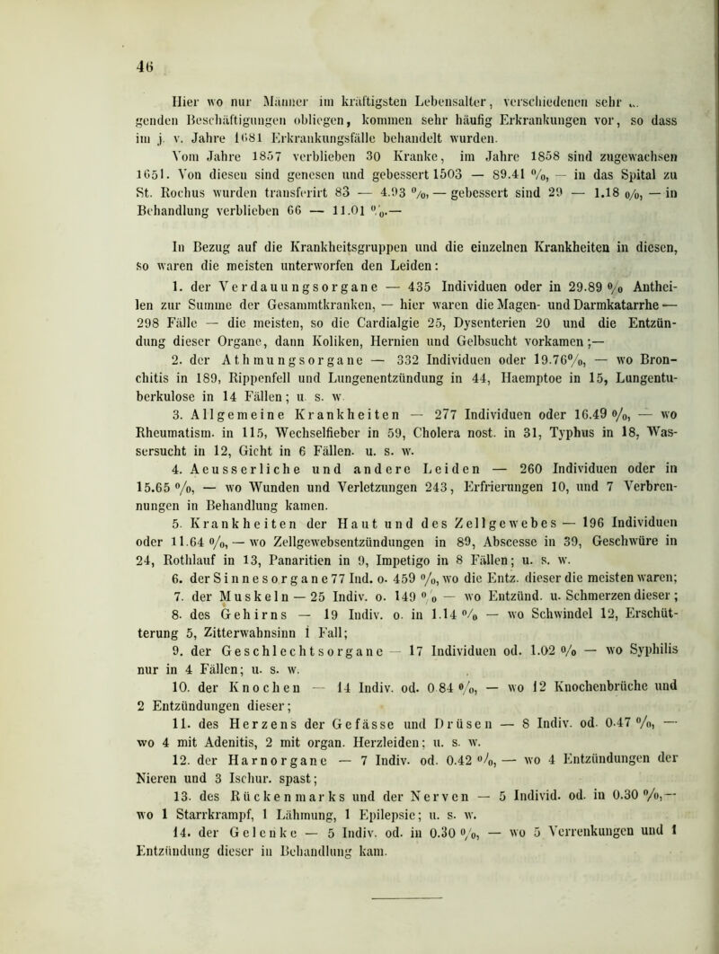 4(j Hier wo nur Männer im kräftigsten Lebensalter, verschiedenen sehr ... genden Beschäftigungen obliegen, kommen sehr häufig Erkrankungen vor, so dass im j. v. Jahre 11>81 Erkrankungsfälle behandelt wurden. Vom Jahre 1857 verblieben 30 Kranke, im Jahre 1858 sind zugewachsen 1051. Von diesen sind genesen und gebessert 1503 — 89.41 %, — in das Spital zu St. Rochus wurden transferirt 83 — 4.93 °/0, — gebessert sind 29 — 1.18 o/o, — in Behandlung verblieben 06 — 11.01 In Bezug auf die Krankheitsgruppen und die einzelnen Krankheiten in diesen, so waren die meisten unterworfen den Leiden: 1. der Verdauungsorgane — 435 Individuen oder in 29.89 % Antei- len zur Summe der Gesammtkranken, — hier waren die Magen- und Darmkatarrhe ■— 298 Fälle — die meisten, so die Cardialgie 25, Dysenterien 20 und die Entzün- dung dieser Organe, dann Koliken, Hernien und Gelbsucht vorkamen;— 2. der Athmungsorgane — 332 Individuen oder 19.76%, — wo Bron- chitis in 189, Rippenfell und Lungenentzündung in 44, Haemptoe in 15, Lungentu- berkulose in 14 Fällen; u s. w 3. Allgemeine Krankheiten — 277 Individuen oder 16.49 o/0) — wo Rheumatism. in 115, Wechselfieber in 59, Cholera nost. in 31, Typhus in 18, Was- sersucht in 12, Gicht in 6 Fällen, u. s. w. 4. Aeusserliche und andere Leiden — 260 Individuen oder in 15.65%, — wo Wunden und Verletzungen 243, Erfrierungen 10, und 7 Verbren- nungen in Behandlung kamen. 5. Krankheiten der Haut und des Zellgewebes — 196 Individuen oder 11.64 %, — wo Zellgewebsentzündungen in 89, Abscesse in 39, Geschwüre in 24, Rotlilauf in 13, Panaritien in 9, Impetigo in 8 Fällen; u. s. w. 6. der Sinnesorgane 77 lud. o. 459 %, wo die Entz. dieser die meisten waren; 7. der Muskeln — 25 Indiv. o. 149 % — wo Entzünd, u. Schmerzen dieser; 8. des Gehirns — 19 Indiv. o. in 1.14% — wo Schwindel 12, Erschüt- terung 5, Zitterwahnsinn i Fall; 9. der Geschlechtsorgane — 17 Individuen od. 1.02 % — wo Syphilis nur in 4 Fällen; u. s. w. 10. der Knochen — 14 Indiv. od. 0 84 %, — wo 12 Knochenbrüche und 2 Entzündungen dieser; 11. des Herzens der Ge fasse und Drüsen — 8 Indiv. od. 0.47%, — wo 4 mit Adenitis, 2 mit organ. Herzleiden; u. s. w. 12. der Harnorgane — 7 Indiv. od. 0.42%,— wo 4 Entzündungen der Nieren und 3 Iscliur. spast; 13. des Rückenmarks und der Nerven — 5 Individ. od. in 0.30%,— wo 1 Starrkrampf, 1 Lähmung, 1 Epilepsie; u. s. w. 14. der Gelenke — 5 Indiv. od. in 0.30%, — wo 5 Verrenkungen und 1 Entzündung dieser in Behandlung kam.