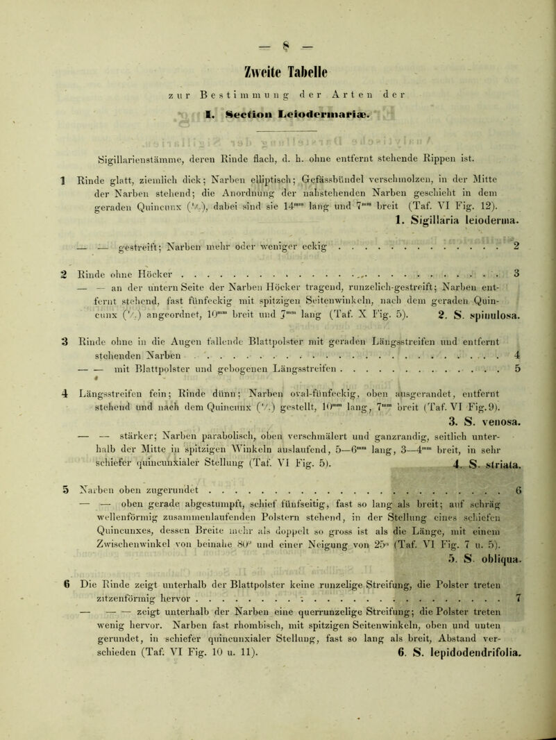 Zweite Tabelle z 11 1' Bestimmung der Arten der I. ISectioii EieioderinariaB. öigillarienstämme, deren Rinde flach, d. h. ohne entfernt stehende Rippen ist. 1 Rinde glatt, ziemlich dick; Narben elliptisch; Gefässbündel verschmolzen, in der Mitte der Narben stehend; die Anordnung der nahstehenden Narben geschieht in dem geraden Quincunx dabei sind sie 14’' laug und 7” breit (Taf. VI Big, 12). 1. Sigillaria leiodenua. — _ gestreift; Narben mehr oder weniger eckig 2 2 Rinde ohne Höcker 3 — — an der untern Seite der Narben Höcker tragend, runzelich-gestreift; Narben ent- fernt stehend, fast fünfeckig mit spitzigen Seitenwinkeln, nach dem geraden Quin- cunx ('/,) angeordnet, 10'' breit und 7'' lang (Taf. X I’ig. 5). 2. S. spinulosa. 3 Rinde ohne in die Augen fallende Blattpolster mit geraden Längsstreifen und entfernt stehenden Narben . ' 4 — — mit Blattpolster und gebogenen Längsstreifen 5 4 Längsstreifen fein; Rinde dünn; Narben oval-fünfeckig, oben ausgerandet, entfernt stehend und nach dem Quincunx ('/,) gestellt, 10'' lang, 7'' breit (Taf. VI'Fig.9). 3. S. venosa. — — stärker; Narben parabolisch, oben verschmälert und ganzrandig, seitlich unter- halb der Mitte in spitzigen Winkeln auslaufcnd, 5—6'’ lang, 3—4’' breit, in sehr schiefer quincunxialer Stellung (Taf. VI Fig. 5). 4. S- slriata. 5 Narben oben zugerundet 6 — — oben gerade abgestumpft, schief fünfseitig, fast so lang als breit; auf schräg wellenförmig zusammenlaufenden Polstern stehend, in der Stellung eines schiefen Quincunxes, dessen Breite melir als doppelt so gross Ist als die Länge, mit einem Zvvischenwinkel von beinahe 80'' und einer Neigung von 2.5 (Taf. VI Fig. 7 u. 5). 5. S. obliqua. 6 Die Rinde zeigt unterhalb der Blattpolster keine runzelige Streifung, die Polster treten zitzenförmig hervor •. 7 — — — zeigt unterhalb der Narben eine querrunzelige Streifung; die Polster treten wenig hervor. Narben fast rhombisch, mit spitzigen Seltenwinkeln, oben und unten gerundet, in schiefer quincunxialer Stellung, fast so lang als breit, Abstand ver-