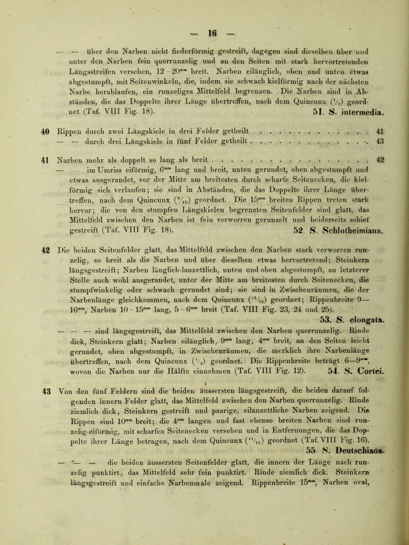— — über deu Narben nicht fiederförmig gestreift, dagegen sind dieselben über und unter den Narben fein querrunzelig und au den Seiten mit stark hervortretenden Längsstreifen versehen, 12-20” breit. Narben eilänglich, oben und unten etwas abgestumpft, mit Seitenwinkeln, die, indem sie schwach kielförmig nach der nächsten Narbe herablaufen, ein runzeliges Mittelfeld begrenzen. Die Narben sind in Ab- ständen, die das Doppelte ihrer Länge übertreffen, nach dem Quincunx ('/,) geord- net (Taf. VIII Fig. 18). 51. S. interinedia. 40 Rippen durch zwei Läugskiele in drei Felder getheilt 41 — — durch drei Längskiele in fünf Felder getheilt -.43 41 Narben mehr als doppelt so laug als breit 42 — -- im Umriss eiförmig, 6 lang und breit, unten gerundet, oben abgestumpft und etwas ausgerandet, vor der Mitte am breitesten durch scharfe Soitenccken, die kiel- förmig sich verlaufen; sie sind in Abständen, die das Doppelte ilirer Länge über- trefFen, nach dem Quincunx (Vjg) geordnet. Die 15” breiten Rippen treten stark hervor; die von den stumpfen Längskielen begrenzten Seitenfelder sind glatt, das Mittelfeld zwischen den Narben ist fein verworren gerunzelt und beiderseits schief gestreift (Taf. VIII Fig. 18), 52. S. Schlotlieimiatia. 42 Die beiden Seltenfelder glatt, das Mittelfeld zwischen den Narhen stark verworren run- zelig, so breit als die Narben und über dieselben etwas hervortretend; Steinkern längsgestreift; Narben länglich-lanzettlich, unten und oben abgestumpft, au letzterer Stelle auch wohl ausgerandet, unter der Mitte am breitesten durch Seitenecken, die stumpfwinkelig oder schwach gerundet sind; sie sind in Zwischenräumen, die der Nai’benlänge gleichkommen, nach dem Quincunx geordnet; Rippenbreite 9— 16”’, Narben 10-15”” lang, 5 -6”” breit (Taf. VIII Fig. 23, 24 und 25). 53. S. elongata. — — — sind längsgestreift, das Mittelfeld zwischen den Narben querrunzelig, Rinde dick, Steinkern glatt; Narben eilänglich, 9”” lang, 4”” breit, an den Seiten leicht gerundet, oben abgestumpft, in Zwischenräumen, die merklich ihre Narbenlänge übertreffen, nach dem Quincunx (’/s) geordnet. Die Rippenbreite beträgt 6—9”“, wovon die Narben nur die Hälfte eiunehmen (Taf. VIII Fig, 12). 54. S. Cortei. « 43 Von den fünf Feldern sind die beiden äussersten längsgestreift, die beiden darauf fol- genden Innern Felder glatt, das Mittelfeld zwischen den Narben querrunzelig. Rinde ziemlich dick, Steinkern gestreift und paarige, eilanzettliche Narben zeigend. Die Rippen sind 10“” breit; die 4”” langen und fast ebenso breiten Narben sind run- zelig-eiförmig, mit scharfen Scltenecken versehen und in Entfernungen, die das Dop- pelte ihrer Länge betragen, nach dem Quincunx (“/j,) geordnet (Taf. VIII 11g. 16). 55 S. Deiitschiaöa. — — — die beiden äussersten Seitenfelder glatt, die Innern der Länge nach run- zelig punktirt, das Mittelfeld sehr fein punktirt. Rinde ziemlich dick. Steinkern längsgestreift und einfache Narbeumale zeigend. Rippenbreite 15“, Narben oval,