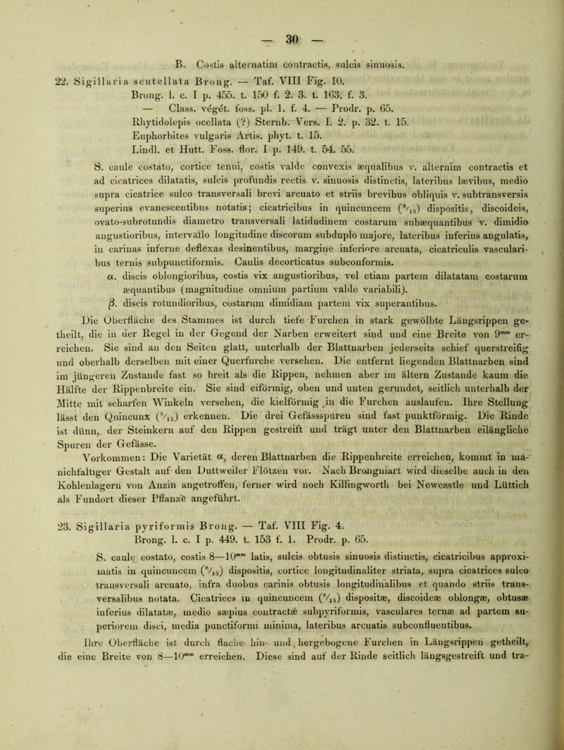 B. Costis altematim contractis, sulcis sinuosis. 22. Sigillai’ia scutellata Broug. — Taf. VIII Big. 10. Brong. 1. c. I p. 455. t. 150 f. 2. 3. t. 163. f. 3. — Class. v4g6t. foss. pl. 1. f. 4. — Prodr. p. 65. lUiytidolepis ocellata (?) Sterub. Vers. I. 2. p. 32. t. 15. Euphorbites vulgaris Artis. pbyt. t. 15. Lindl, et Hutt. Foss. flor. I p. 149. t. 54. 55. S. caule costato, cortice tenui, costis valde convexis £equalibus v. altcruim contractis et ad cicatrices dilatatis, sulcis profundis rectis v. sinuosis distinctis, lateribus laivibus, medio supra cicatrice sulco transversali brevi arcuato et striis brevibus obliquis v. subtransversis superius evanescentibus notatis; cicatricibus in quincuncem (*/js) dispositis, discoideis, ovato-subrotundis diametro transversali latidudinem costarum subaequantibus v. dimidio angustioribus, intervailo longitudine discorum subduplo majore, lateribus inferius angulatis, in carinas inferne deflexas desinentibus, inargine inferi^^re arcuata, cicatriculis vasculari- bus ternis subpunctiformis. Gaulis decorticatus subconformis. a. discis oblongioribus, costis vix angustioribus, vel etiam partem dilatatam costarum jequantibus (magnitudine omnium partium valde variabilij. ß. discis rotundioribus, costarum dimidiam partem vix superantibus. Die Oberfläche des Stammes ist durch tiefe Furchen in stark gewölbte Längsrippen ge- thcilt, die in der Regel in der Gegend der Narben erweitert sind und eine Breite von 9*‘ er- reichen. Sie sind an den Seiten glatt, unterhalb der Blattnarbeu jederseits schief querstreifig und oberhalb derselben mit einer Quei’furche vei’sehen. Die entfernt liegenden Blattnarben sind im jüngeren Zustande fast so breit als die Rippen, nehmen aber im ältern Zustande kaum die Hälfte der Rippenbreite ein. Sie sind eiförmig, oben und unten gerundet, seitlich unterhalb der Mitte mit scharfen Winkeln versehen, die kielförmig ^in die Furchen auslaufen. Ihre Stellung lässt den Qtiincunx (^/is) erkennen. Die drei Gefässspuren sind fast punktförmig. Die Rinde ist dünn, der Steinkern auf den Rippen gestreift und trägt unter den Blattnarben eilängliche Spuren der Gefässe. Vorkommen: Die Varietät «, deren Blattnarben die Rippenbreite erreichen, kommt in ma- nichfaltiger Gestalt auf den Duttweiler Flötzen vor. Nach Bronguiart wird dieselbe auch in den Kohlenlagern von Anzin angetroffen, ferner wird noch Killingworth bei Newcastle und Lüttich als Fundort dieser Pflanz'h angeführt. 23. Slgillarla pyriformis Brong. — Taf. VIII Flg. 4. Brong. 1. c. I p. 449. t. 153 f. 1. Prodr. p. 65. S. caule costato, costis 8—10”'' latis, sulcis obtusis sinuosis distluctls, cicatricibus approxi- matis in quincuncem (Vjj) dispositis, cortice longitudinallter striata, supra cicatrices sulco transversali arcuato, infra duobus cai'lnis obtusis longltudinalibus et quando striis trans- versalibus notata. Cicatrices m quincuncem (V,,) dlsposltae, discoideae oblongae, obtusae inferius dilatatie, medio saepius coutractae subpyriformis, vasculares ternae ad partem su- periorem disei, medla punctiformi minima, lateribus arcuatis subconflueutibus. Ihre Oberfläche ist durch flache- hin- und. hergebogene Furchen in Längsrippen getheilt, die eine Breite von 8—10”“ erreichen. Diese sind auf der Rinde seitlich längsgestreift und tra-