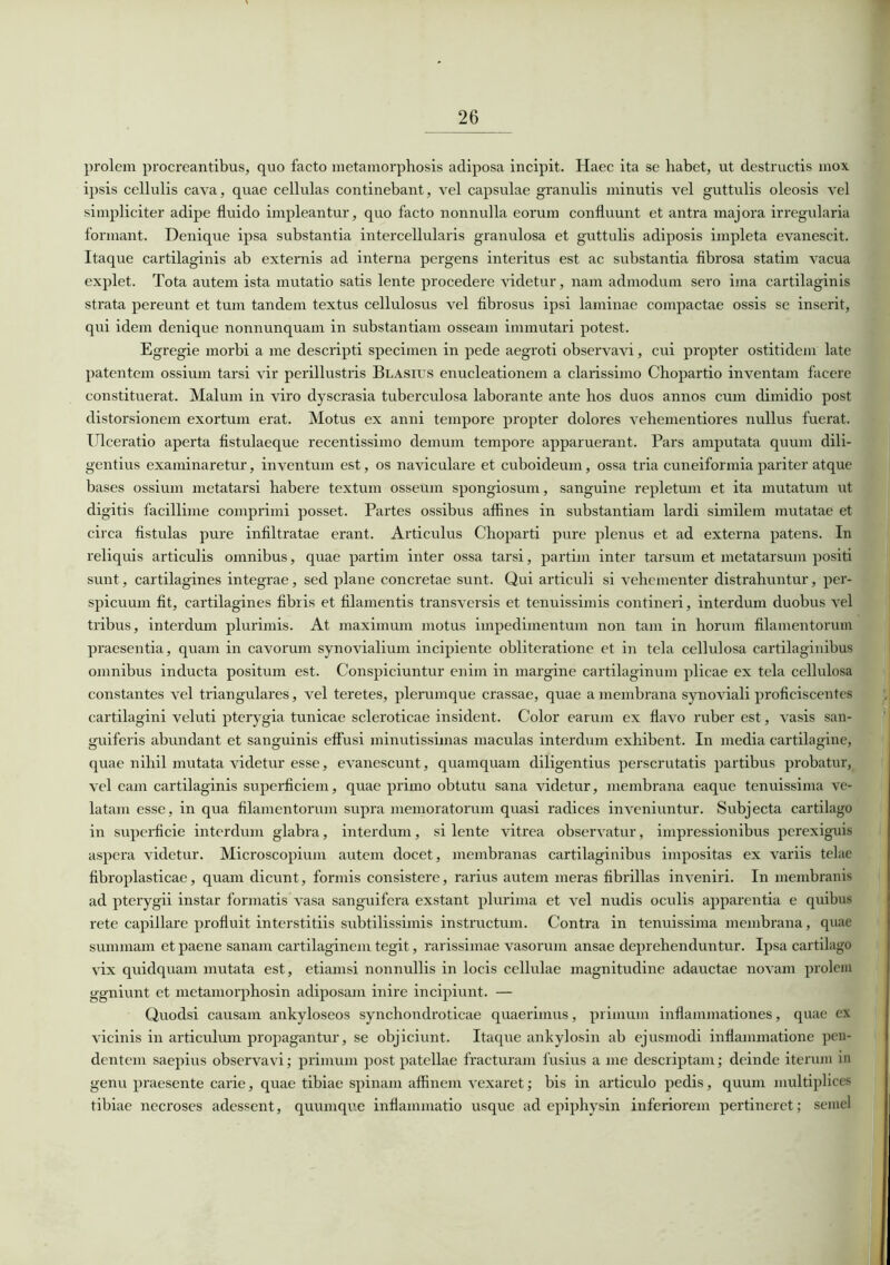 prolem procreantibus, quo facto metamorphosis adiposa incipit. Haec ita se habet, ut destructis mox ipsis cellulis cava, quae cellulas continebant, vel capsulae granulis minutis vel guttulis oleosis vel simpliciter adipe fluido impleantur, quo facto nonnulla eorum confluunt et antra majora irregularia formant. Denique ipsa substantia intercellularis granulosa et guttulis adiposis impleta evanescit. Itaque cartilaginis ab externis ad interna pergens interitus est ac substantia fibrosa statim vacua explet. Tota autem ista mutatio satis lente procedere videtur, nam admodum sero ima cartilaginis strata pereunt et tum tandem textus cellulosus vel fibrosus ipsi laminae compactae ossis se inserit, qui idem denique nonnunquam in substantiam osseam immutari potest. Egregie morbi a me descripti specimen in pede aegroti observavi, cui propter ostitidem late patentem ossium tarsi vir perillustris Blasius enucleationem a clarissimo Chopartio inventam facere constituerat. Malum in viro dyscrasia tuberculosa laborante ante hos duos annos cum dimidio post distorsionem exortum erat. Motus ex anni tempore propter dolores vehementiores nullus fuerat. Ulceratio aperta fistulaeque recentissimo demum tempore apparuerant. Pars amputata quum dili- gentius examinaretur, inventum est, os naviculare et cuboideum, ossa tria cuneiformia pariter atque bases ossium metatarsi habere textum osseum spongiosum, sanguine repletum et ita mutatum ut digitis facillime comprimi posset. Partes ossibus aflines in substantiam lardi similem mutatae et circa fistulas pure infiltratae erant. Articulus Choparti pure plenus et ad externa patens. In reliquis articulis omnibus, quae partim inter ossa tarsi, partim inter tarsum et metatarsum positi sunt, cartilagines integrae, sed plane concretae sunt. Qui articuli si vehementer distrahuntur, per- spicuum fit, cartilagines fibris et filamentis transversis et tenuissimis contineri, interdum duobus vel tribus, interdum plurimis. At maximum motus impedimentum non tam in horum filamentorum praesentia, quam in cavorum synovialium incipiente obliteratione et in tela cellulosa cartilaginibus omnibus inducta positum est. Conspiciuntur enim in margine cartilaginum plicae ex tela cellulosa constantes vel triangulares, vel teretes, plerumque crassae, quae a membrana synoviali proficiscentes cartilagini veluti pterygia tunicae scleroticae insident. Color earum ex flavo ruber est, vasis san- guiferis abundant et sanguinis effusi minutissimas maculas interdum exhibent. In media cartilagine, quae nihil mutata videtur esse, evanescunt, quamquam diligentius perscrutatis partibus probatur, vel eam cartilaginis superficiem, quae primo obtutu sana videtur, membrana eaque tenuissima ve- latam esse, in qua filamentorum supra memoratorum quasi radices inveniuntur. Subjecta cartilago in superficie interdum glabra, interdum, si lente vitrea observatur, impressionibus perexiguis aspera videtur. Microscopium autem docet, membranas cartilaginibus impositas ex variis telae fibroplasticae, quam dicunt, formis consistere, rarius autem meras fibrillas inveniri. In membranis ad pterygii instar formatis vasa sanguifera exstant plurima et vel nudis oculis apparentia e quibus rete capillare profluit interstitiis subtilissimis instructum. Contra in tenuissima membrana, quae summam et paene sanam cartilaginem tegit, rarissimae vasorum ansae deprehenduntur. Ipsa cartilago vix quidquam mutata est, etiamsi nonnullis in locis cellulae magnitudine adauctae novam prolem ggniunt et metamorphosin adiposam inire incipiunt. — Quodsi causam ankyloseos synchondroticae quaerimus, primum inflammationes, quae ex vicinis in articulum propagantur, se objiciunt. Itaque ankylosin ab ejusmodi inflammatione pen- dentem saepius observavi; primum post patellae fracturam fusius a me descriptam; deinde iterum in genu praesente carie, quae tibiae spinam affinem vexaret; bis in articulo pedis, quum multiplices tibiae necroses adessent, quumque inflammatio usque ad epiphysin inferiorem pertineret; semel