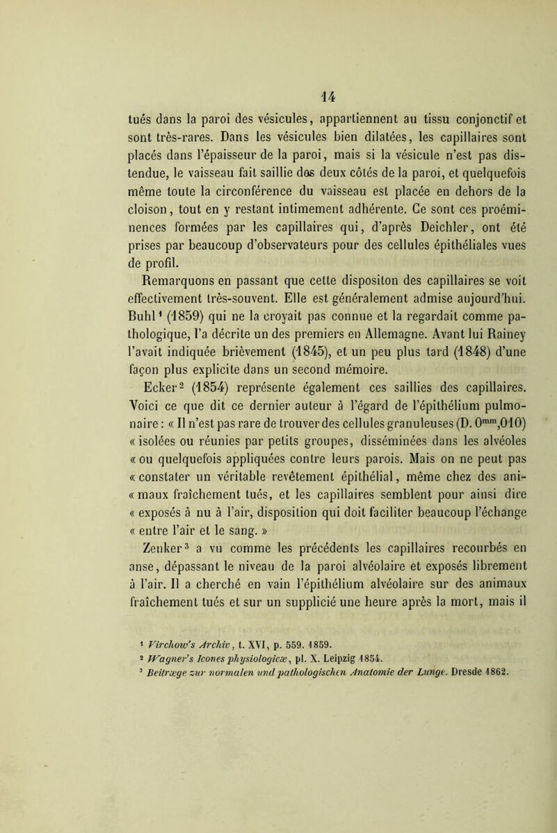 tués dans la paroi des vésicules, appartiennent au tissu conjonctif et sont très-rares. Dans les vésicules bien dilatées, les capillaires sont placés dans l’épaisseur de la paroi, mais si la vésicule n’est pas dis- tendue, le vaisseau fait saillie dos deux côtés de la paroi, et quelquefois même toute la circonférence du vaisseau est placée en dehors de la cloison, tout en y restant intimement adhérente. Ce sont ces proémi- nences formées par les capillaires qui, d’après Deichler, ont été prises par beaucoup d’observateurs pour des cellules épithéliales vues de profil. Remarquons en passant que cette dispositon des capillaires se voit effectivement très-souvent. Elle est généralement admise aujourd’hui. Buhl1 (1859) qui ne la croyait pas connue et la regardait comme pa- thologique, l’a décrite un des premiers en Allemagne. Avant lui Rainey l’avait indiquée brièvement (1845), et un peu plus tard (1848) d’une façon plus explicite dans un second mémoire. Ecker2 (1854) représente également ces saillies des capillaires. Voici ce que dit ce dernier auteur à l’égard de l’épithélium pulmo- naire : « Il n’est pas rare de trouver des cellules granuleuses (D. 0mm,010) «isolées ou réunies par petits groupes, disséminées dans les alvéoles « ou quelquefois appliquées contre leurs parois. Mais on ne peut pas «constater un véritable revêtement épithélial, même chez des ani- « maux fraîchement tués, et les capillaires semblent pour ainsi dire « exposés à nu à l’air, disposition qui doit faciliter beaucoup l’échange « entre l’air et le sang. » Zenker3 a vu comme les précédents les capillaires recourbés en anse, dépassant le niveau de la paroi alvéolaire et exposés librement à l’air. Il a cherché en vain l’épithélium alvéolaire sur des animaux fraîchement tués et sur un supplicié une heure après la mort, mais il 1 Virchow’s Arcliiv, t. XVI, p. 559. 1859. 2 Wagner's Icônesphysiologicæ, pl. X. Leipzig 1854. 3 Beitræge zur normalen undpathologischcn Anatomie der Lunge. Dresde 1862.