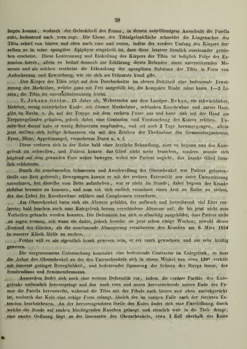 liegen kommt, wodurch der Gelenktheil des Femur, in dessen sattelförmigem Ausschnitt die Patella ruht, bedeutend nach vorn ragt. Die Ebene der Tibialgelenkfläche schneidet die Längenachse der Tibia schief von hinten und oben nach vorn und unten, indem der vordere Umfang des Körpers der- selben so in seine spongiöse Epiphyse eingekeilt ist, dass diese letztere förmlich auseinander getrie- ben erscheint. Diese Lostrennung und Einkeilung des Körpers der Tibia ist lediglich Folge der Ex- tension forcöe, allein es bedarf dennoch zur Erklärung dieses Befundes eines unterstützenden Mo- ments und als solches erscheint die Erkrankung der spongiösen Substanz der Tibia in Form von Auflockerung und Erweichung, wie sie sich am Präparate kund gibt. Der Körper der Tihia zeigt auf dem Durchschnitte im oberen Dritttheil eine bedeutende Erwei- terung der Markröhre, welche ganz mit Fett ausgefüllt ist; die kompakte Rinde misst kaum 1—2 Li- nien; die Tibia ist unverfiältnissmässig leicht. V. Johann Greim, 15 Jahre alt, Weberssohn aus dem Landger. Re hau, ein schwächlicher, bleicher, wenig entwickelter Knabe mit dünner Muskulatur, schlanken Knochenbau und zarter Haut, glitt im Novbr. v. Js. auf der Treppe mit dem rechten Fusse aus und hatte sish mit der Hand am Treppengeländer gehalten, jedoch dabei eine Contusion und Verstauchung des Kniees erlitten. Un- mittelbar darauf habe er wenig Schmerzen empfunden, und sei noch 2 Tage herumgegangen, allein jetzt stellten sich heftige Schmerzen ein mit den Zeichen der Theilnahme des Gesammtorganismus, Frost, Hitze, Appetitmangcl, vermehrtem Durst u. s. f. Diese verloren sich in der Ruhe bald ohne ärztliche Behandlung, aber es begann nun das Knie- gelenk zu schwellen, und Patient konnte das Glied nicht mehr brauchen, sondern musste sich hüpfend auf dem gesunden Fass weiter bewegen, wobei wie Patient angiebt, das kranke Glied förm- lich schlotterte. Durch die zunehmenden Schmerzen und Anschwellung des Oberschenkel war Patient grössten- theils ans Bett gefesselt; Bewegungen konnte er mit der rechten Extremität nur unter Unterstützung vornehmen, frei dieselbe vom Bette aufzuheben, war er nicht im Stande; dabei begann der Kranke sichtbar herunter zu kommen, und man sah sich endlich veranlasst einen Arzt zu Rathe zu ziehen, der das Uebel für Knochenfrass erklärte und Cataplasmen verordnete. Am Oberschenkel hatte sich ein Abszess gebildet, der aufbrach und fortwährend viel Eiter ent- leerte; bald brachen auch ums Kniegelenk herum verschiedene Abszesse auf; die bis jetzt nicht zum Verheilen gebracht werden konnten. Die Deformität hat sich so allmählig ausgebildet, dass Patient nicht zu sagen vermag, seit wann sie datire, jedoch bestehe sie jetzt schon einige Wochen; sowohl dieser Zustand des Gliedes, als die zunehmende Abmagerung veranlassten den Kranken am 6. März 1854 in unserer Klinik Hülfe zu suchen. Früher will er nie eigentlich krank gewesen sein, er sei rasch gewachsen und nie sehr kräftig gewesen. Die vorgenommeue Untersuchung konstatirt eine bedeutende Contractur im Kniegelenk, so dass die Achse des Oberschenkel zu der des Unterschenkels sich in einem Winkel von etwa 130° verhält mit äusserst geringer Beweglichkeit, und bedeutender Spannung der Sehnen des Biceps femor. des Semitendinos und Semimembranosus. Ausserdem findet sich noch eine weitere Deformität vor, indem die vordere Parthie des Knie- gelenks unförmlich hervorspringt und das nach vorn und unten hervorstehende untere Ende des Fe- mur die Patella hervortreibt, während die Tibia mit der Fibula nach hinten und oben zurückgerückt ist, wodurch das Knie eine eckige Form erlangt, ähnlch der im vorigen Falle nach der förcirten Ex- tension beschriebenen. An der hervorragendsten Stelle des Knies findet sich eine Fistelöffnung, durch welche die Sonde auf rauhen blosliegenden Knochen gelangt und ziemlich weit in die Tiefe dringt; eine zweite Oeffnung liegt an der Innenseite des Oberschenkels, etwa 1 Zoll oberhalb des Knies