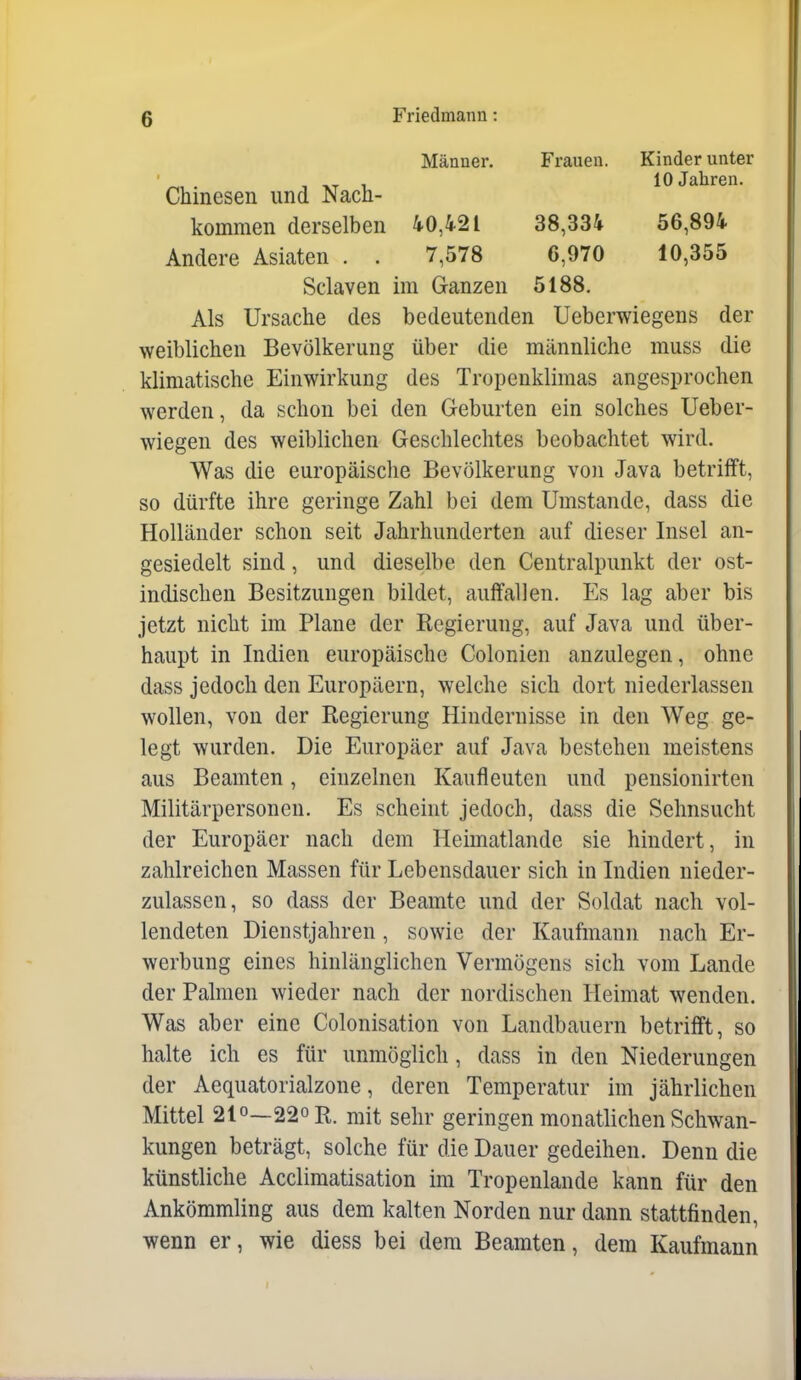 Chinesen und Nach- Männer. Frauen. Kinder unter 10 Jahren. kommen derselben 40,4-21 38,334 56,894 Andere Asiaten . . 7,578 6,970 10,355 Als Ursache des bedeutenden Ueberwiegens der weiblichen Bevölkerung über die männliche muss die klimatische Einwirkung des Tropenklimas angesprochen werden, da schon bei den Geburten ein solches Ueber- wiegen des weiblichen Geschlechtes beobachtet wird. Was die europäische Bevölkerung von Java betrifft, so dürfte ihre geringe Zahl bei dem Umstände, dass die Holländer schon seit Jahrhunderten auf dieser Insel an- gesiedelt sind, und dieselbe den Centraipunkt der ost- indischen Besitzungen bildet, auffallen. Es lag aber bis jetzt nicht im Plane der Regierung, auf Java und über- haupt in Indien europäische Colonien anzulegen, ohne dass jedoch den Europäern, welche sich dort niederlassen wollen, von der Regierung Hindernisse in den Weg ge- legt wurden. Die Europäer auf Java bestehen meistens aus Beamten, einzelnen Kaufleuten und pensionirten Militärpersonen. Es scheint jedoch, dass die Sehnsucht der Europäer nach dem Heimatlande sie hindert, in zahlreichen Massen für Lebensdauer sich in Indien nieder- zulassen, so dass der Beamte und der Soldat nach vol- lendeten Dienstjahren, sowie der Kaufmann nach Er- werbung eines hinlänglichen Vermögens sich vom Lande der Palmen wieder nach der nordischen Heimat wenden. Was aber eine Colonisation von Landbauern betrifft, so halte ich es für unmöglich, dass in den Niederungen der Aequatorialzone, deren Temperatur im jährlichen Mittel 210—220 R. niit sehr geringen monatlichen Schwan- kungen beträgt, solche für die Dauer gedeihen. Denn die künstliche Acclimatisation im Tropenlande kann für den Ankömmling aus dem kalten Norden nur dann stattfinden, wenn er, wie diess bei dem Beamten, dem Kaufmann Sclaven im Ganzen 5188.
