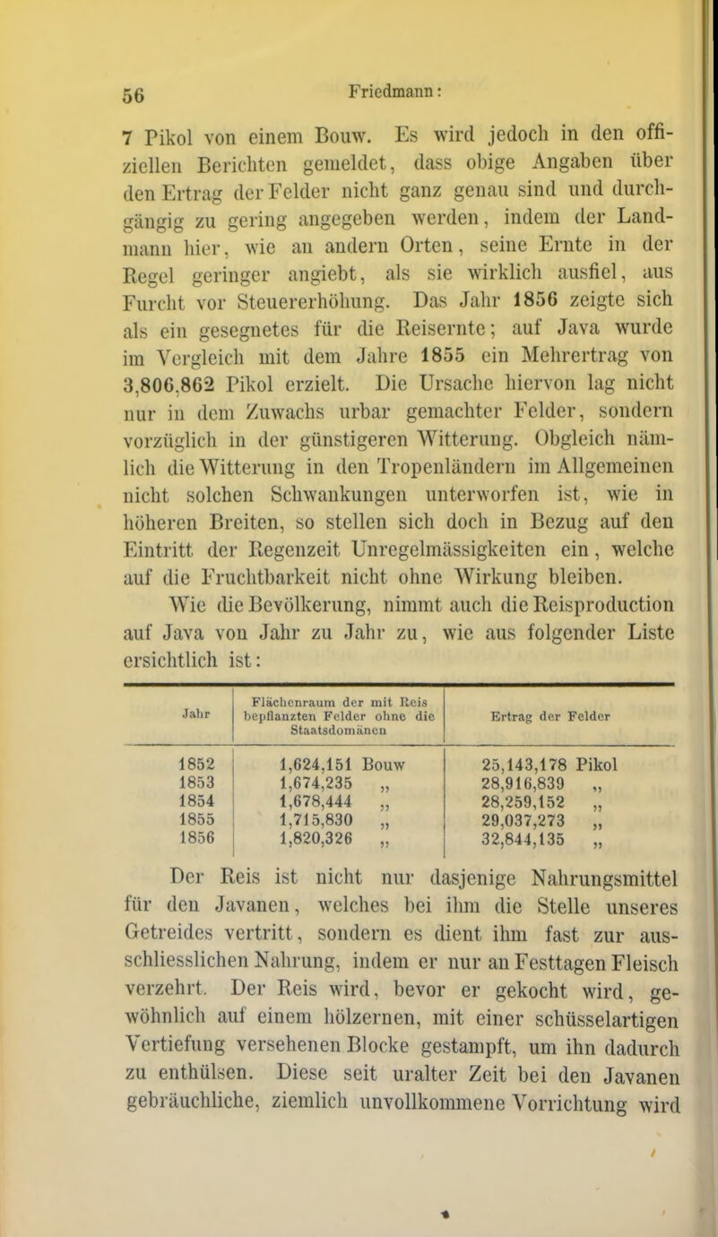 7 Pikol von einem Bouw. Es wird jedoch in den offi- ziellen Berichten gemeldet, dass obige Angaben über den Ertrag der Felder nicht ganz genau sind und durch- gängig zu gering angegeben werden, indem der Land- mann hier, wie an andern Orten, seine Ernte in der Regel geringer angiebt, als sie wirklich ausfiel, aus Furcht vor Steuererhöhung. Das Jahr 1856 zeigte sich als ein gesegnetes für die Reisernte; auf Java wurde im Vergleich mit dem Jahre 1855 ein Mehrertrag von 3,806,862 Pikol erzielt. Die Ursache hiervon lag nicht nur in dem Zuwachs urbar gemachter Felder, sondern vorzüglich in der günstigeren Witterung. Obgleich näm- lich die Witterung in den Tropenländern im Allgemeinen nicht solchen Schwankungen unterworfen ist, wie in höheren Breiten, so stellen sich doch in Bezug auf den Eintritt der Regenzeit Unregelmässigkeiten ein, welche auf die Fruchtbarkeit nicht ohne Wirkung bleiben. Wie die Bevölkerung, nimmt auch die Reisproduction auf Java von Jahr zu Jahr zu, wie aus folgender Liste ersichtlich ist: Jahr F)ächr,nraum der mit Reis bepflanzten Felder ohne die Staatsdomänen Ertrag der Felder 1852 1,624,151 Bouw 25,143,178 Pikol 1853 1,674,235 „ 28,916,839 „ 1854 1,678,444 „ 28,259,152 „ 1855 1,715,830 „ 29,037,273 „ 1856 1,820,326 „ 32,844,135 „ Der Reis ist nicht nur dasjenige Nahrungsmittel für den Javanen, welches bei ihm die Stelle unseres Getreides vertritt, sondern es dient ihm fast zur aus- schliesslichen Nahrung, indem er nur an Festtagen Fleisch verzehrt. Der Reis wird, bevor er gekocht wird, ge- wöhnlich auf einem hölzernen, mit einer schüsselartigen Vertiefung versehenen Blocke gestampft, um ihn dadurch zu enthülsen. Diese seit uralter Zeit bei den Javanen gebräuchliche, ziemlich unvollkommene Vorrichtung wird