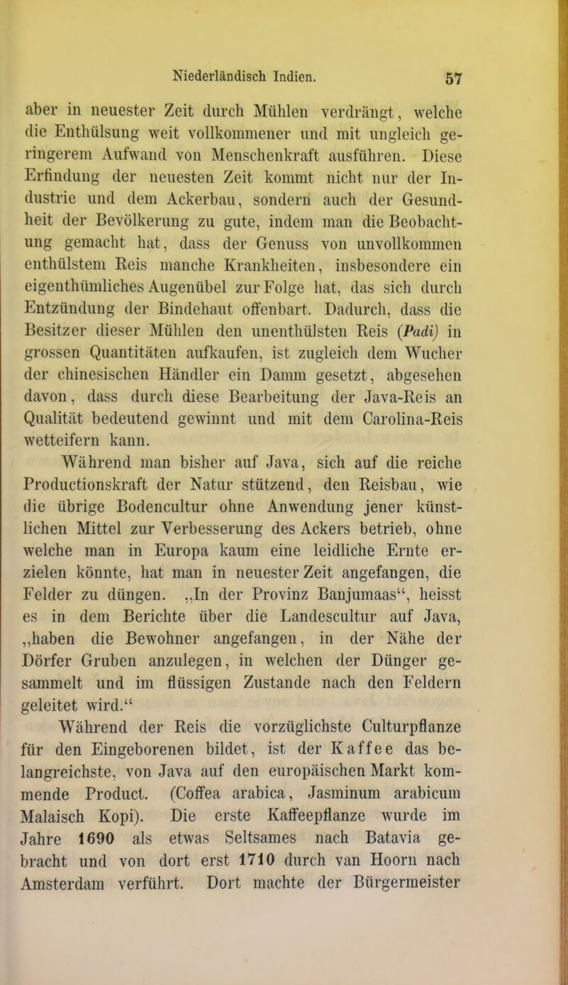 aber in neuester Zeit durch Mühlen verdrängt, welche die Enthülsung weit vollkommener und mit ungleich ge- ringerem Aufwand von Menschenkraft ausführen. Diese Erfindung der neuesten Zeit kommt nicht nur der In- dustrie und dem Ackerbau, sondern auch der Gesund- heit der Bevölkerung zu gute, indem man die Beobacht- ung gemacht hat, dass der Genuss von unvollkommen enthülstem Reis manche Krankheiten, insbesondere ein eigenthümliches Augenübel zur Folge hat, das sich durch Entzündung der Bindehaut offenbart. Dadurch, dass die Besitzer dieser Mülilen den unenthülsten Reis (Padi) in grossen Quantitäten aufkaufen, ist zugleich dem Wucher der chinesischen Händler ein Damm gesetzt, abgesehen davon, dass durch diese Bearbeitung der Java-Reis an Qualität bedeutend gewinnt und mit dem Carolina-Reis wetteifern kann. Während man bisher auf Java, sich auf die reiche Productionskraft der Natur stützend, den Reisbau, wie die übrige Bodencultur ohne Anwendung jener künst- lichen Mittel zur Verbesserung des Ackers betrieb, ohne welche man in Europa kaum eine leidliche Ernte er- zielen könnte, hat man in neuester Zeit angefangen, die Felder zu düngen. ,,In der Provinz Banjumaas, heisst es in dem Berichte über die Landescultur auf Java, ,,haben die Bewohner angefangen, in der Nähe der Dörfer Gruben anzulegen, in welchen der Dünger ge- sammelt und im flüssigen Zustande nach den Feldern geleitet wird. Während der Reis die vorzüglichste Culturpflanze für den Eingeborenen bildet, ist der Kaffee das be- langreichste, von Java auf den europäischen Markt kom- mende Product. (Coffea arabica, Jasminum arabicum Malaisch Kopi). Die erste Kaifeepflanze wurde im Jahre 1690 als etwas Seltsames nach Batavia ge- bracht und von dort erst 1710 durch van Hoorn nach Amsterdam verführt. Dort machte der Bürgermeister