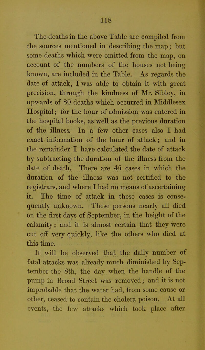 The deaths in the above Table are compiled from the sources mentioned in describing the map; but some deaths which were omitted from the map, on account of the numbers of the houses not being known, are included in the Table. As regards the date of attack, I was able to obtain it with great precision, through the kindness of Mr. Sibley, in upwards of 80 deaths which occurred in Middlesex Hospital; for the hour of admission was entered in the hospital books, as well as the previous duration of the illness. In a few other cases also I had exact information of the hour of attack; and in the remainder I have calculated the date of attack by subtracting the duration of the illness from the date of death. There are 45 cases in which the duration of the illness was not certified to the registrars, and where I had no means of ascertaining it. The time of attack in these cases is conse- quently unknown. These persons nearly all died on the first days of September, in the height of the calamity; and it is almost certain that they were cut off very quickly, like the others who died at this time. It will be observed that the daily number of fatal attacks was already much diminished by Sep- tember the 8th, the day when the handle of the pump in Broad Street was removed; and it is not improbable that the water had, from some cause or other, ceased to contain the cholera poison. At all events, the few attacks which took place after