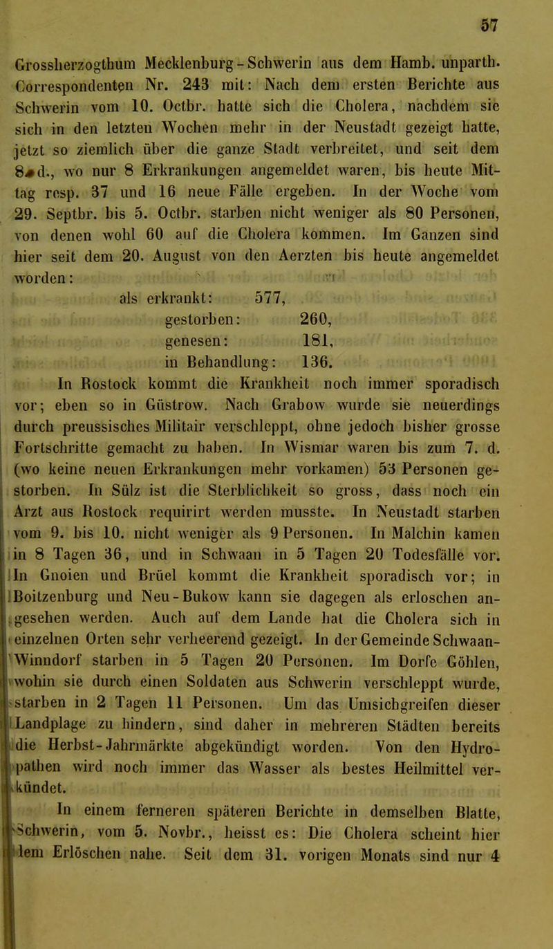 Grosslierzogtbum Mecklenburg-Schwerin aus dem Hamb, unparth. Correspondenten Nr. 243 mit: Nach dem ersten Berichte aus Schwerin vom 10. Octbr. hatte sich die Cholera, nachdem sie sich in den letzten Wochen mehr in der Neustadt gezeigt hatte, jetzt so ziemlich über die ganze Stadt verbreitet, und seit dem 8#d., wo nur 8 Erkrankungen angemcldet waren, bis heute Mit- tag resp. 37 und 16 neue Fälle ergeben. In der Woche vom 29. Septbr. bis 5. Octbr. starben nicht weniger als 80 Personen, von denen wohl 60 auf die Cholera kommen. Im Ganzen sind hier seit dem 20. August von den Aerzten bis heute angemeldet worden: ' *>*r als erkrankt: 577, gestorben: 260, genesen: 181, in Behandlung: 136. In Rostock kommt die Krankheit noch immer sporadisch vor; eben so in Güstrow. Nach Grabow wurde sie neuerdings durch preussisches Militair verschleppt, ohne jedoch bisher grosse Fortschritte gemacht zu haben. In Wismar waren bis zum 7. d. (wo keine neuen Erkrankungen mehr vorkamen) 53 Personen ge- storben. In Sülz ist die Sterblichkeit so gross, dass noch ein Arzt aus Rostock requirirt werden musste. In Neustadt starben vom 9. bis 10. nicht weniger als 9 Personen. In Malchin kamen in 8 Tagen 36, und in Schwaan in 5 Tagen 20 Todesfälle vor. In Gnoien und Brüel kommt die Krankheit sporadisch vor; in . Boitzenburg und Neu-Bukow kann sie dagegen als erloschen an- gesehen werden. Auch auf dem Lande hat die Cholera sich in einzelnen Orten sehr verheerend gezeigt. In der Gemeinde Schwaan- Winndorf starben in 5 Tagen 20 Personen. Im Dorfe Göhlen, wohin sie durch einen Soldaten aus Schwerin verschleppt wurde, starben in 2 Tagen 11 Personen. Um das Umsichgreifen dieser Landplage zu hindern, sind daher in mehreren Städten bereits die Herbst-Jahrmärkte abgekündigt worden. Von den Hydro- pathen wird noch immer das Wasser als bestes Heilmittel ver- kündet. In einem ferneren späteren Berichte in demselben Blatte, »'Schwerin, vom 5. Novbr., heisst es: Die Cholera scheint hier ii lern Erlöschen nahe. Seit dem 31. vorigen Monats sind nur 4