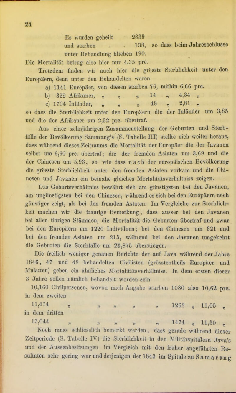 Es wurden geheilt 2839 und starben . . 138, so dass beim Jabresscblusse unter Behandlung blieben 190. Die Mortalität betrug also hier nur 4,35 prc. Trotzdem finden wir auch hier die grösste Sterblichkeit unter den Europäern, denn unter den Behandelten waren a) 1141 Europäer, von diesen starben 76, mithin 6,66 prc. b) 322 Afrikaner, „ „ „ 14 „ 4,34 „ c) 1704 Inländer, % y, » 48 „ 2,81 „ so dass die Sterblichkeit unter den Europäern die der Inländer um 3,85 und die der Afrikaner um 2,32 prc. übertraf. Aus einer zehnjährigen Zusammenstellung der Geburten und Sterb- -fälle der Bevölkerung Samarang’s (S. Tabelle III) stellte sich weiter heraus, dass während dieses Zeitraums die Mortalität der Europäer die der Javanen selbst um 6,60 prc. übertraf; die der fremden Asiaten um 3,69 und die der Chinesen um 5,93, so wie dass nach der europäischen Bevölkerung die grösste Sterblichkeit unter den fremden Asiaten vorkam und die Chi- nesen und Javanen ein beinahe gleiches Mortalitätsverhältniss zeigen. Das Geburtsverhältniss bewährt sich am günstigsten bei den Javanen, am ungünstigsten bei den Chinesen, während es sich bei den Europäern noch günstiger zeigt, als bei den fremden Asiaten. Ira Vergleiche zur Sterblich- keit machen wir die traurige Bemerkung, dass ausser bei den Javanen bei allen übrigen Stämmen, die Mortalität die Geburten übertraf und zwar bei den Europäern um 1220 Individuen; bei den Chinesen um 321 und bei den fremden Asiaten um 215, während bei den Javanen umgekehrt die Geburten die Sterbfälle um 23,875 überstiegen. Die freilich weniger genauen Berichte der auf Java während der Jahre 1846, 47 und 48 behandelten Civilisten (grösstentheils Europäer und Mulatten) geben ein ähnliches Mortalitätsverhältniss. In dem ersten dieser 3 Jahre sollen nämlich behandelt worden sein 10,160 Civilpersonen, wovon nach Angabe starben 1080 also 10,62 prc. in dem zweiten » 1268 « 11,05 11,474 „ „ , in dem dritten 13,044 „ „ „ „ „ 1474 „ 11,30 „ Noch muss schliesslich bemerkt werden, dass gerade während dieser Zeitperiode (S. Tabelle IV) die Sterblichkeit in den Militärspitälern Java’s und der Aussenbesitzungen im Vergleich mit den früher angeführten Re- sultaten sehr gering war und derjenigen der 1843 im Spitale zu S a m a r an g
