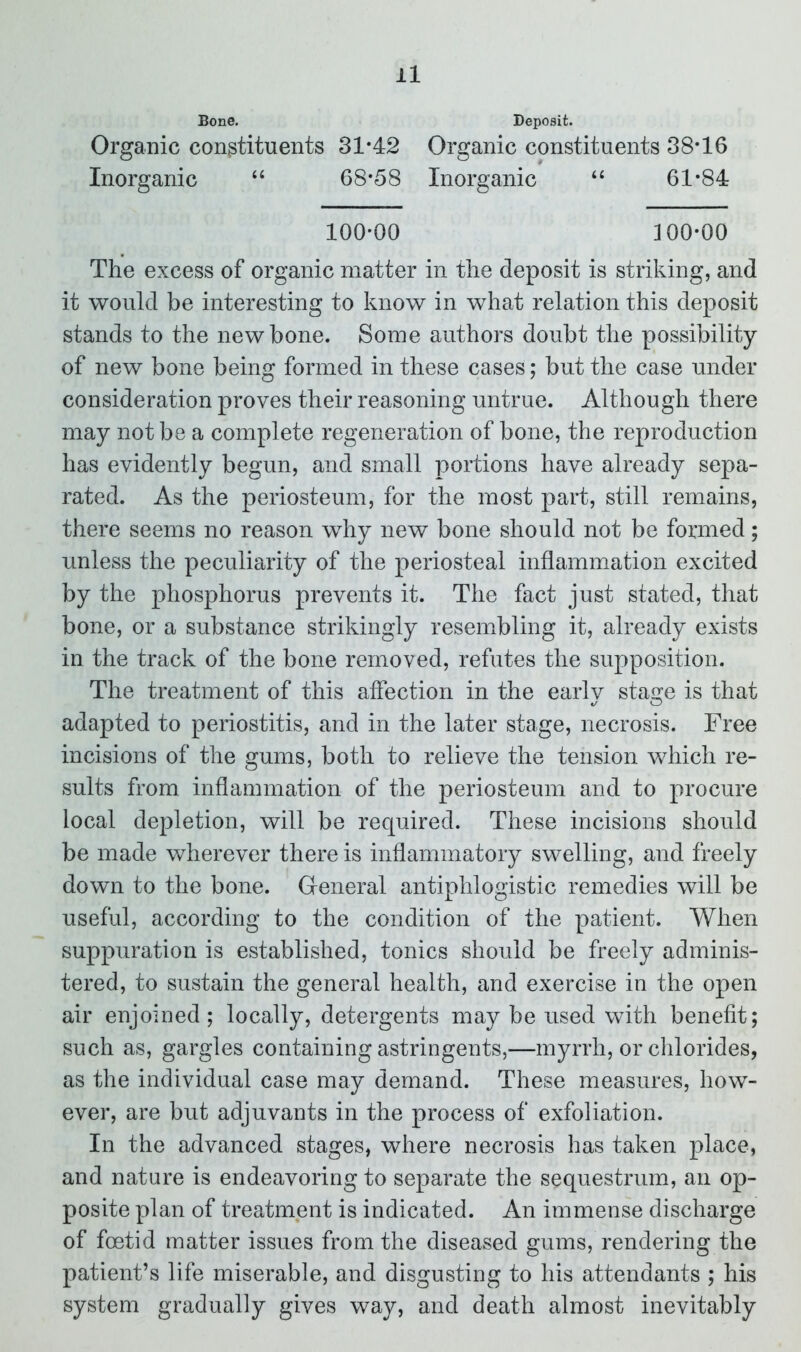 ll Bone. Deposit. Organic constituents 31*42 Organic constituents 38*16 Inorganic “ 68*58 Inorganic “ 61*84 100*00 300*00 The excess of organic matter in the deposit is striking, and it would be interesting to know in what relation this deposit stands to the new bone. Some authors doubt the possibility of new bone being formed in these cases; but the case under consideration proves their reasoning untrue. Although there may not be a complete regeneration of bone, the reproduction has evidently begun, and small portions have already sepa- rated. As the periosteum, for the most part, still remains, there seems no reason why new bone should not be formed; unless the peculiarity of the periosteal inflammation excited by the phosphorus prevents it. The fact just stated, that bone, or a substance strikingly resembling it, already exists in the track of the bone removed, refutes the supposition. The treatment of this affection in the earlv stasre is that «/ o adapted to periostitis, and in the later stage, necrosis. Free incisions of the gums, both to relieve the tension which re- sults from inflammation of the periosteum and to procure local depletion, will be required. These incisions should be made wherever there is inflammatory swelling, and freely down to the bone. General antiphlogistic remedies will be useful, according to the condition of the patient. When suppuration is established, tonics should be freely adminis- tered, to sustain the general health, and exercise in the open air enjoined; locally, detergents may be used with benefit; such as, gargles containing astringents,—myrrh, or chlorides, as the individual case may demand. These measures, how- ever, are but adjuvants in the process of exfoliation. In the advanced stages, where necrosis has taken place, and nature is endeavoring to separate the sequestrum, an op- posite plan of treatment is indicated. An immense discharge of foetid matter issues from the diseased gums, rendering the patient’s life miserable, and disgusting to his attendants ; his system gradually gives way, and death almost inevitably