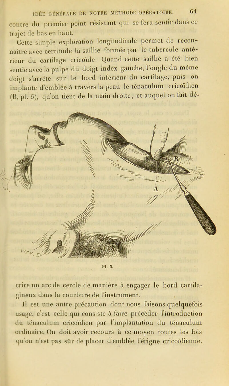 contre du premier point résistant cini se fera sentir dans ce trajet de bas en haut. Cette simple exploration longitudinale permet de recon- naître avec certitude la saillie Cormée par le tubercule anté- rieur du cartilage cricoïde. Quand cette saillie a été bien sentie avec la pulpe du doigt index gauche, l'ongle du même doigt s arrête sur le bord inférieur du cartilage, puis on implante d'emblée à travers la peau le ténaculum cricoïdien (B, pl. 5), qu'on lient de la main droite, et auquel on fait dé- Pl. 5. crireun arc de cercle de manière à engager le bord cartila- gineux dans la courbure de l'instrument. Il est une autre précaution dont nous faisons quelquefois usage, c'est celle qui consiste à faire précéder l'introduction du ténaculum cricoïdien par l'implantation du ténaculum ordinaire. On doit avoir recours à ce moyen toutes les fois qu'on n'est pas sûr de placer d'emblée l'érigne cricoïdienne.