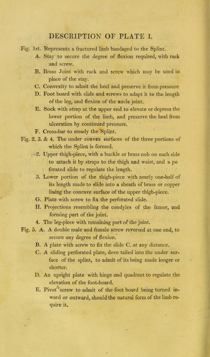 DESCRIPTION OF PLATE 1. Fig. 1st. Represents a fractured limb bandaged to the Splint. A. Stay to secure the degree of flexion required, with rack and screw. B. Brass Joint with rack and screw which may be used in place of the stay. C. Convexity to admit the heel and preserve it from pressure D. Foot board with slide and screws to adapt it te the length of the leg, and flexion of the ancle joint. E. Sock with strap at the upper end to elevate or depress the lower portion of the limb, and preserve the heel from ulceration by continued pressure. F. Cross-bar to steady the Splint. Fig. 2. 3. & 4. The under convex surfaces of the three portions of which the Splint is formed. ~2, Upper thigh-piece, with a buckle or brass nob on each side to attach it by straps to the thigh and waist, and a pe forated slide to regulate the length. 3. Lower portion of the thigh-piece with nearly one-half of its length made to slide into a sheath of brass or copper lining the concave surface of the upper thigh-piece. G. Plate with screw to fix the perforated slide. H. Projections resembling the condyles of the femor, and forming part of the joint. 4. The leg-piece with remaining part of the joint. Fig. 5. A. A double male and female screw reversed at one end, to secure any degree of flexion. B. A plate with screw to fix the slide C. at any distance. C. A sliding perforated plate, dove tailed into the under sur- face of the splint, to admit of its being made longer or shorter. D. An upright plate with hinge and quadrant to regulate the elevation of the foot-board. E. Pivot'^screw to admit of the foot board being turned in- ward or outward, should the natural form of the limb re- quire it.
