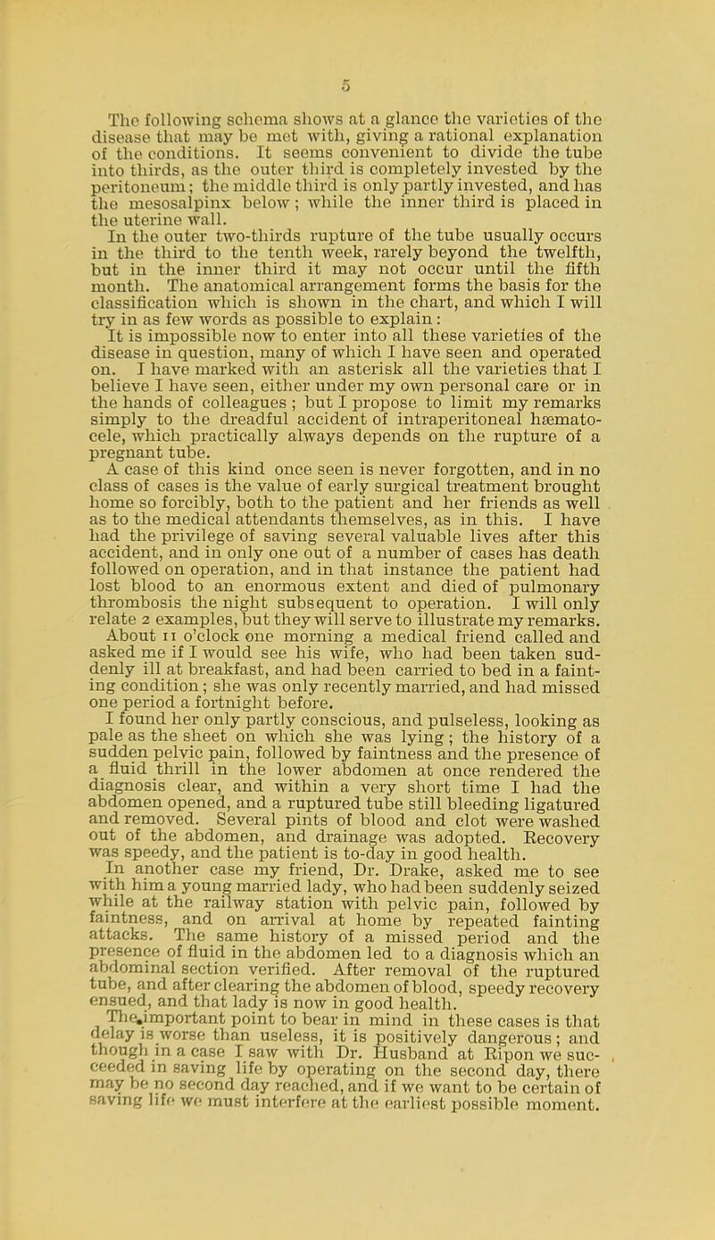 The following schema shows at a glance the varieties of the disease that may be met with, giving a rational explanation of the conditions. It seems convenient to divide the tube into thirds, as the outer third is completely invested by the peritoneum; the middle third is only partly invested, and has tlie mesosalpinx below; while the inner third is placed in tlie uterine wall. In the outer two-thirds rupture of the tube usually occurs in the third to the tenth week, rarely beyond the twelfth, but in the inner third it may not occur until the fifth month. The anatomical arrangement forms the basis for the classification which is shown in the chart, and which I will try in as few words as possible to explain : It is impossible now to enter into all these varieties of the disease in question, many of which I have seen and operated on. I have marked with an asterisk all the varieties that I believe I have seen, either under my own personal care or in the hands of colleagues ; but I propose to limit my remarks simply to the dreadful accident of intraperitoneal haemato- cele, which practically always depends on the rupture of a pregnant tube. A case of this kind once seen is never forgotten, and in no class of cases is the value of early surgical treatment brought home so forcibly, both to the patient and her friends as well as to the medical attendants themselves, as in this. I have had the privilege of saving several valuable lives after this accident, and in only one out of a number of cases has death followed on operation, and in that instance the patient had lost blood to an enormous extent and died of pulmonary thrombosis the night subsequent to operation. I will only relate 2 examples, but they will serve to illustrate my remarks. About 11 o'clock one morning a medical friend called and asked me if I would see his wife, who had been taken sud- denly ill at breakfast, and had been carried to bed in a faint- ing condition; she was only recently married, and had missed one period a fortnight before. I found her only partly conscious, and pulseless, looking as pale as the sheet on which she was lying; the history of a sudden pelvic pain, followed by faintness and the presence of a fluid thrill in the lower abdomen at once rendered the diagnosis clear, and within a very short time I had the abdomen opened, and a ruptured tube still bleeding ligatured and removed. Several pints of blood and clot were washed out of the abdomen, and drainage was adopted. Recoveiy was speedy, and the patient is to-day in good health. In another case my friend. Dr. Drake, asked me to see with him a young married lady, who had been suddenly seized while at the railway station with pelvic pain, followed by faintness, and on amval at home by repeated fainting attacks. The same history of a missed period and the presence of fluid in the abdomen led to a diagnosis which an abdominal section verified. After removal of the ruptured tube, and after clearing the abdomen of blood, speedy recoveiy ensued, and that lady is now in good health. Tlicimportant point to bear in mind in these cases is that delay is worse than useless, it is positively dangerous; and thougli m a case I saw with Dr. Husband at Ripon we suc- ceeded m saving life by operating on the second day, there may be no second day reached, and if we want to be certain of saving life we must interfrn-e at the earliest possible moment.