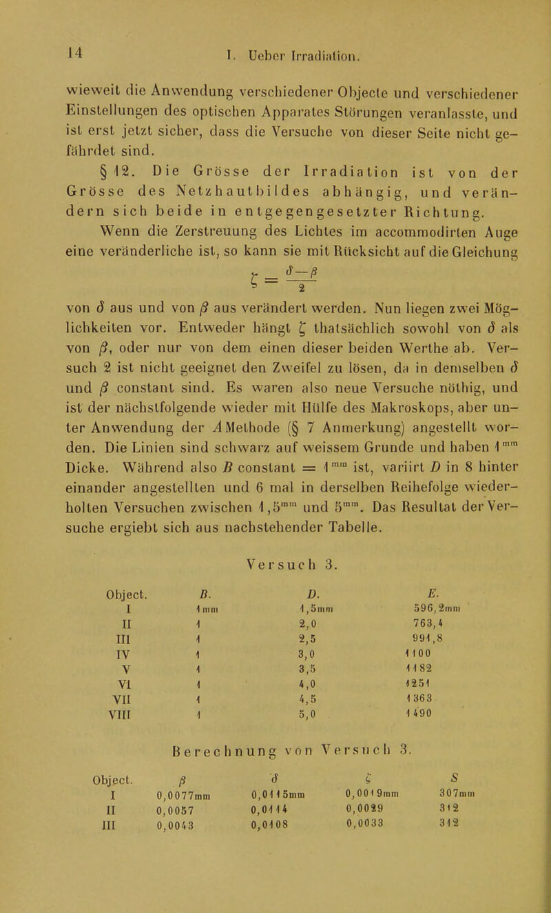 wieweit die Anwendung verschiedener Objecte und verschiedener Einstellungen des optischen Apparates Störungen veranlasste, und ist erst jetzt sicher, dass die Versuche von dieser Seite nicht ge- fährdet sind. §12. Die Grösse der Irradiation ist von der Grösse des Netzhautbi I d es abhüngig, und verän- dern sich beide in entgegengesetzter Richtung. Wenn die Zerstreuung des Lichtes im accommodirlen Auge eine veränderliche ist, so kann sie mit Rücksicht auf die Gleichung r = ^ - 2 von d aus und von ß aus verändert werden. Nun liegen zwei Mög- lichkeiten vor. Entweder hängt ^ thalsächlich sowohl von ö als von ß, oder nur von dem einen dieser beiden Werthe ab. Ver- such 2 ist nicht geeignet den Zweifel zu lösen, da in demselben ö und ß constant sind. Es waren also neue Versuche nölhig, und ist der nächstfolgende wieder mit Hülfe des Makroskops, aber un- ter Anwendung der ^Methode (§ 7 Anmerkung) angestellt wor- den. Die Linien sind schwarz auf weissem Grunde und haben 1 Dicke. Während also B constant = 1° ist, variirt Z) in 8 hinter einander angestellten und 6 mal in derselben Reihefolge wieder- holten Versuchen zwischen 1,5 und 5. Das Resultat der Ver- suche ergiebt sich aus nachstehender Tabelle. Versuch 3. Object. B. D. E. I 4 mni \ ,5mm 596,2mm II 2,0 763,4 III 2.5 991,8 IV 3,0 1100 V 3,5 1182 VI 4,0 1251 VII 4,5 1363 VIII S,0 1 490 Berechnung von Versuch 3. Objpct. ß 'S CS I 0,0077mm 0,0115mm 0,0019mm 307mm II 0,0057 0,01 14 0,0029 3i2 III 0,0043 0,0108 0,0033 312