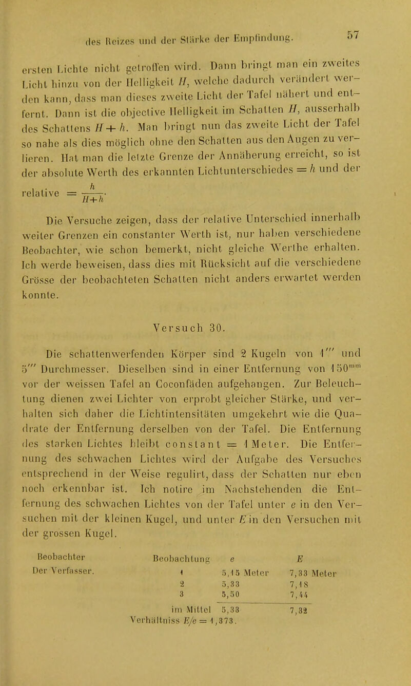 ersten Lichte nicht gelrolVen wird. Dann bringt man ein zweites l.icht hinzu von der Helligkeit //, welche dadurch verändert wei- den kann, dass man dieses zweite Licht der Tafel nähert und ent- fernt. Dann ist die objective Helligkeit im Schatten //, ausserhalb des Schattens H+h. Man l)ringt nun das zweite TJcht der Tafel so nahe als dies möglich ohne den Schotten aus den Augen zu ver- lieren. Hat man die letzte Grenze der Annäherung erreicht, so ist der absolute Werth des erkannten Lichlunterschiedes = h und der relative = H+h Die Versuche zeigen, dass der relative Unterschied innerhalb weiter Grenzen ein conslanter Werth ist, nur haben verschiedene Beobachter, wie schon bemerkt, nicht gleiche Werihe erhalten. Ich werde beweisen, dass dies mit Rücksicht auf die verschiedene Grösse der beobachteten Schalten nicht anders erwartet werden konnte. Versuch 30. Die schaltenwerfendeii Körper sind 2 Kugeln von \' und ö' Durchmesser. Dieselben sind in einer Entfernung von ISO'' vor der weissen Tafel an Coconfäden aufgehangen. Zur Beleuch- tung dienen zwei Lichter von erprobt gleicher Stärke, und ver- hallen sich daher die Lichtintensiläten umgekehrt wie die Qua- (li-ale der Entfernung derselben von der Tafel. Die Entfernung (los starken Lichtes bleibt conslanl = 1 Meter. Die Entfer- nung des schwachen Lichtes wird der Aufgabe des Versuches entsprechend in der Weise regulirt, dass der Schallen nur eben noch erkennbar ist. Ich notire im Nachsiehenden die Ent- fernung des schwachen Lichlcs von der Tafel unter e in den Ver- suchen mit der kleinen Kugel, und unter Ein den Versuchen mit der grossen Kugel. Beobacliter BeohachUing e E Der Verfasser. < 5,15 Meter 7,33 Meter 2 5,33 7,18 3 5,50 7,44 im Mittel 5,33 7,32 Vcrtiültniss 7?/e = 1,373.