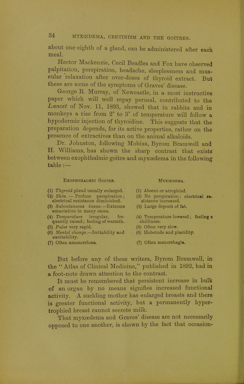 about one eighth of a gland, can be administered after each meal. Hector Mackenzie, Cecil Beadles and Fox have observed palpitation, perspiration, headache, sleeplessness and mus- cular relaxation after over-doses of thyroid extract. But these are some of the symptoms of Graves' disease. George E. Murray, of Newcastle, in a most instructive paper which will well repay perusal, contributed to the Lancet of Nov. 11, 1893, showed that in rabbits and in monkeys a rise from 2° to 3° of temperature will follow a hypodermic injection of thyroidine. This suggests that the preparation depends, for its active properties, rather on the presence of extractives than on the animal alkaloids. Dr. Johnston, following Mobius, Byrom Bramwell and H. Williams, has shown the sharp contrast that exists between exophthalmic goitre and myxoedema in the following table :— Exophthalmic Goitre. Myxcedema. (1) Thyroid gland usually enlarged. (2) Skin. — Profuse perspiration ; electrical resistance diminished. (3) Subcutaneous tissue.—Extreme emaciation in many cases. (4) Temperature irregular, fre- quently raised; feeling of warmth. (5) Pulse very rapid. (6) Mental change.—Irritability and excitability. (7) Often amenorrheas. (1) Absent or atrophied. (2) No perspiration; electrical re- sistance increased. (3) Large deposit of fat. (4) Temperature lowered; feeling o chilliness. (5) Often very slow. (6) Hebetude and placidity. (7) Often menorrhagia. But before any of these writers, Byrom Bramwell, in the  Atlas of Clinical Medicine, published in 1892, had in a foot-note drawn attention to the contrast. It must be remembered that persistent increase in bulk of an organ by no means signifies increased functional activity. A suckling mother has enlarged breasts and there is greater functional activity, but a permanently hyper- trophied breast cannot secrete milk. That myxoedema and Graves' disease are not necessarily opposed to one another, is shown by the fact that occasion-