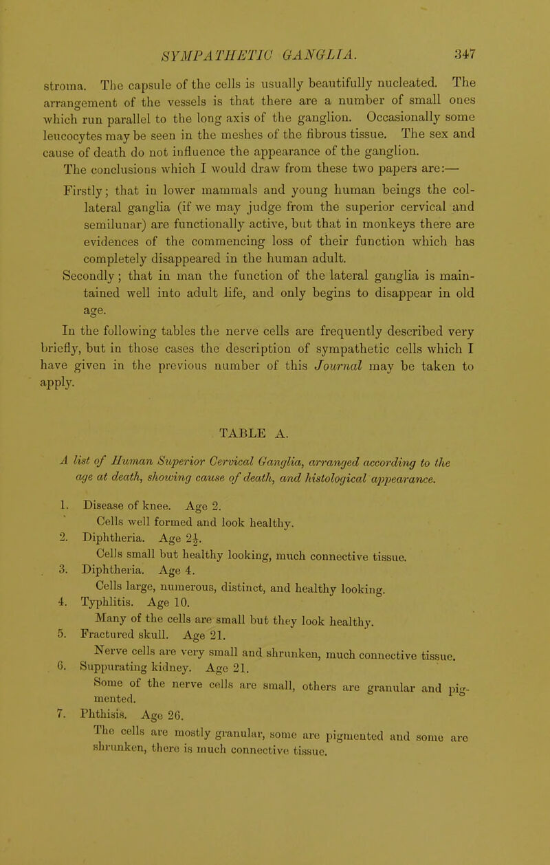 stroma. The capsule of the cells is usually beautifully nucleated. The arranoement of the vessels is that there are a number of small ones which run parallel to the long axis of the ganglion. Occasionally some leucocytes may be seen in the meshes of the fibrous tissue. The sex and cause of death do not influence the appearance of the ganglion. The conclusions which I would draw from these two papers are:— Firstly; that in lower mammals and young human beings the col- lateral ganglia (if we may judge from the superior cervical and semilunar) are functionally active, but that in monkeys there are evidences of the commencing loss of their function which has completely disappeared in the human adult. Secondly; that in man the function of the lateral ganglia is main- tained well into adult life, and only begins to disappear in old age. In the following tables the nerve cells are frequently described very briefly, but in those cases the description of sympathetic cells which I have given in the previous number of this Journal may be taken to apply. TABLE A. A list of Human Superior Cervical Ganglia, arranged according to the age at death, showing cause of death, and histological ajyjyearance. 1. Disease of knee. Age 2. Cells well formed and look healthy. 2. Diphtheria. Age 2|. Cells small but healthy looking, much connective tissue. 3. Diphtheria. Age 4. Cells large, numerous, distinct, and healthy looking. 4. Typhlitis. Age 10. Many of the cells are small but they look healthy. 5. Fractured skull. Age 21. Nerve cells are very small and shrunken, much connective tissue. 6. Suppurating kidney. Age 21. Some of the nerve cells are small, others are granular and pi mented. 7. Phthisis. Age 26. The cells are mostly granular, some are pigmented and some ai shrunken, there is much connective tissue.