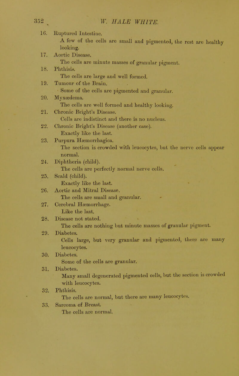>r. /MZi5; WHITE. 10. iiuptured Intestine. A few of the cells are small and pigmented, the rest are healthy 1 7 17. Aortic Disease. The cells ai'e minute masses of granular pigment. lo. xJitliisis. ± lit; cejis are laige auQ wen lormeci. 1 J. ± uiiiuui ui tuc ji>rain. Some of the cells are pigmented and granular. on Myxcedema. Ine cells are well tormed and healthy looking. 01 Chronic Bright's Disease. Cells are indistinct and there is no nucleus. 00 Chronic Bright's Disease (another case). Exactly like the last. O *3 Purpura Hsemorrhagica. xne section is crowueci witii leucocyteSj out tue ncr\e ceils appccir normal. j_/ipnLiueiia (cuiiuj. j.ne ceils are peiiectiy noimai neive ceiis. 25. bcald (child). xlixactly like tne last. 2o. Aortic and Mitral Disease. The cells are small and granular. 27. Cerebral Haemorrhage. Like the last. 2o. Disease not stated. The cells are nothing but minute masses of granular pi gment. 9Q Diabetes. Cells large, but very granular and pigmented, there are many leucocytes. 30. Diabetes, Some of the cells ai-e granular. ■51 Diabetes. Many small degenerated pigmented cells, but the section is crowded with leucocytes. Phthisis. The cells are normal, but there are many leucocytes. 33. Sarcoma of Breast. The cells are normal.