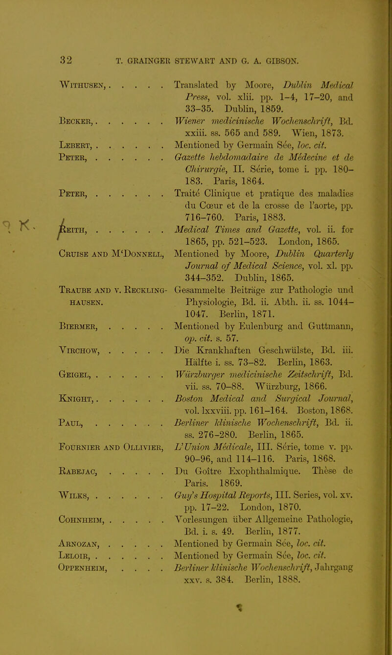 WiTHUSEN, Translated by Moore, Dublin Medical Press, vol. xlii, pp. 1-4, 17-20, and 33-35. Dublin, 1859. Becker, Wiener medicinische Wochenschrift, Bd. xxiii. ss. 565 and 589. Wien, 1873. Ledert, Mentioned by Germain See, loc. cit. Peter, Gazette hebdomadaire de Medecine et de Ghirurgie, II. Serie, tome i. pp. 180- 183. Paris, 1864. Peter, Traite Clinique et pratique des maladies du Coeur et de la crosse de I'aorte, pp. . 716-760. Paris, 1883. Keith, Medical Times and Gazette, vol. ii. for ' 1865, pp. 521-523. London, 1865. Cruise and M'Donnell, Mentioned by Moore, Dublin Quarterhj Journal of Medical Science, vol. xl. pp. 344-352. Dublin, 1865. Traube and v. Reckling- Gesammelte Beitrage zur Pathologic imd HAUSEN. Physiologie, Bd. ii. Abth. ii. ss. 1044- 1047. Berlin, 1871. BiERMER, Mentioned by Eulenburg and Guttmann, op. cit. s. 57. ViRCHOW, Die Krankhaften Gescliwiilste, Bd. iii. Halfte i. ss. 73-82. Berlin, 1863. Geigel, Wiirzburger medicinische Zeitschrift, Bd. vii. ss. 70-88. Wurzburg, 1866. Knight, Boston Medical and Surgical Journal, vol. Ixxviii. pp. 161-164. Boston, 1868. Paul, Berliner Jdinische Wochenschrift, Bd. ii. ss. 276-280. Berlin, 1865. FouRNiER AND Ollivier, L'Union Medicate, III. Serie, tome v. pp. 90-96, and 114-116. Paris, 1868. Rabejac, Du Goitre Exoplithalmique. These de Paris. 1869. WiLKS, Gu>Js Hospital Reports, III. Series, vol. xv. pp. 17-22. London, 1870. Cohnheim, Vorlesungen iiber Allgemeiiie Pathologie, Bd. i. s. 49. Berlin, 1877. Arnozan, Mentioned by Germain See, loc. cit. Leloir, Mentioned by Germain See, loc. cit. Oppenheim, .... Berliner Jdinische Wochenschrift, Jahrgang XXV. s. 384. Berlin, 1888.