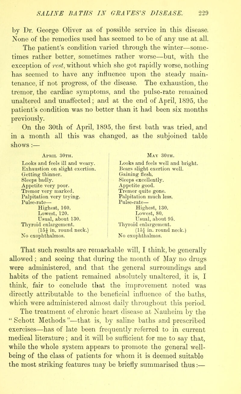 by Dr. George Oliver as of possible service in this disease. None of the remedies used has seemed to be of any use at all. The patient’s condition varied through the winter—some- times rather better, sometimes rather worse—but, with the exception of rest, without which she got rapidly worse, nothing has seemed to have any influence upon the steady main- tenance, if not progress, of the disease. The exhaustion, the tremor, the cardiac symptoms, and the pulse-rate remained unaltered and unaffected; and at the end of April, 1895, the patient’s condition was no better than it had been six months previously. On the 30th of April, 1895, the first bath was tried, and in a month all this was changed, as the subjoined table shows :— April 30th. Looks and feels ill and weary. Exhaustion on slight exertion. Getting thinner. Sleeps badly. Appetite very poor. Tremor very marked. Palpitation very trying. Pulse-rate— Highest, 160. Lowest, 120. Usual, about 130. Thyroid enlargement. (151 in- round neck.) No exophthalmos. May 30th. Looks and feels well and bright. Bears slight exertion well. Gaining flesh. Sleeps excellently. Appetite good. Tremor quite gone. Palpitation much less. Pulse-rate— Highest, 130. Lowest, 80. Usual, about 95. Thyroid enlargement. (151 in- roun(i neck.) No exophthalmos. That such results are remarkable will, I think, be generally allowed ; and seeing that during the month of May no drugs were administered, and that the general surroundings and habits of the patient remained absolutely unaltered, it is, I think, fair to conclude that the improvement noted was directly attributable to the beneficial influence of the baths, which were administered almost daily throughout this period. The treatment of chronic heart disease at Nauheim by the “ Schott Methods ”—that is, by saline baths and prescribed exercises—has of late been frequently referred to in current medical literature; and it will be sufficient for me to say that, while the whole system appears to promote the general well- being of the class of patients for whom it is deemed suitable the most striking features may be briefly summarised thus:—