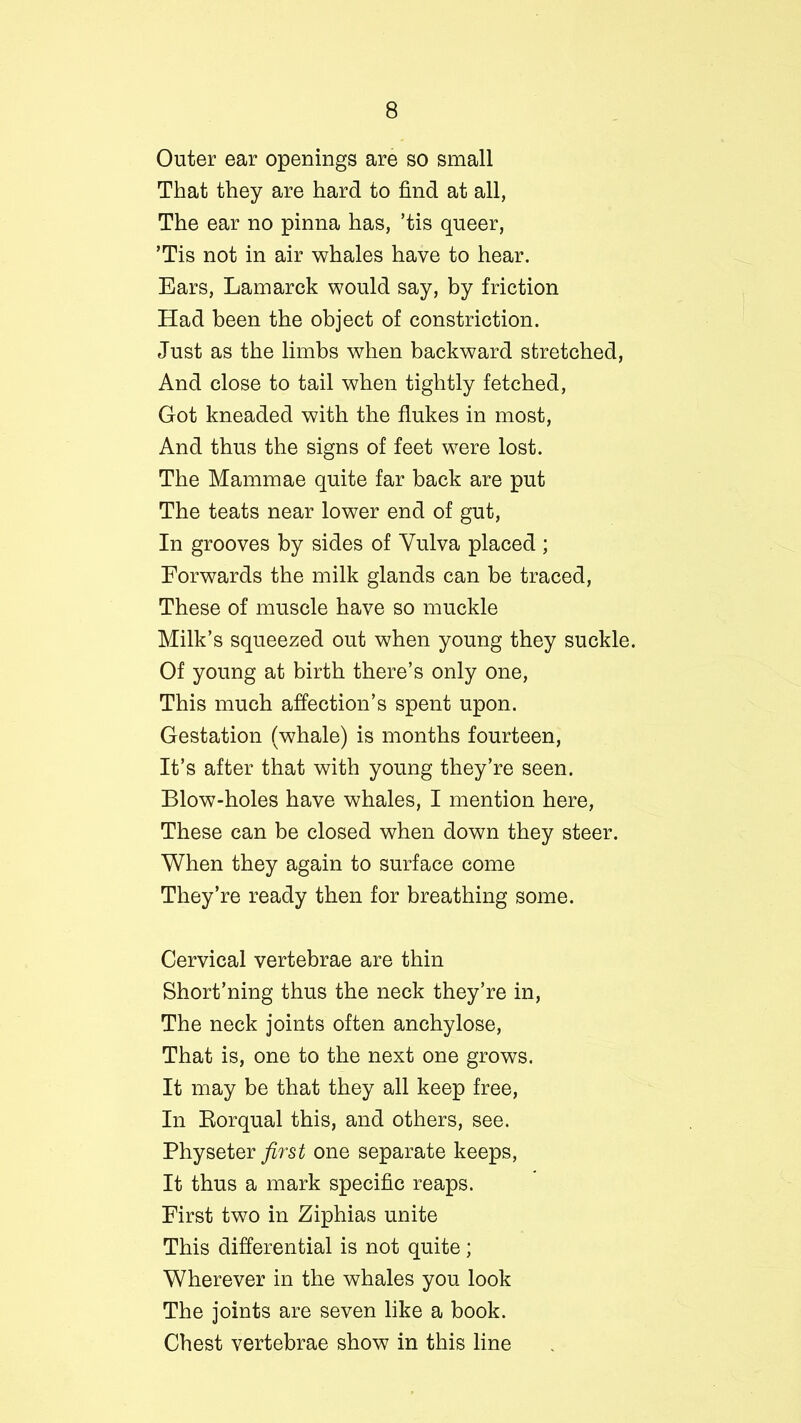 Outer ear openings are so small That they are hard to find at all, The ear no pinna has, 'tis queer, ’Tis not in air whales have to hear. Ears, Lamarck would say, by friction Had been the object of constriction. Just as the limbs when backward stretched, And close to tail when tightly fetched, Got kneaded with the flukes in most, And thus the signs of feet were lost. The Mammae quite far back are put The teats near lower end of gut, In grooves by sides of Vulva placed ; Forwards the milk glands can be traced, These of muscle have so muckle Milk’s squeezed out when young they suckle. Of young at birth there’s only one, This much affection’s spent upon. Gestation (whale) is months fourteen, It’s after that with young they’re seen. Blow-holes have whales, I mention here, These can be closed when down they steer. When they again to surface come They’re ready then for breathing some. Cervical vertebrae are thin Short’ning thus the neck they’re in, The neck joints often anchylose, That is, one to the next one grows. It may be that they all keep free, In Rorqual this, and others, see. Physeter first one separate keeps, It thus a mark specific reaps. First two in Ziphias unite This differential is not quite; Wherever in the whales you look The joints are seven like a book. Chest vertebrae show in this line