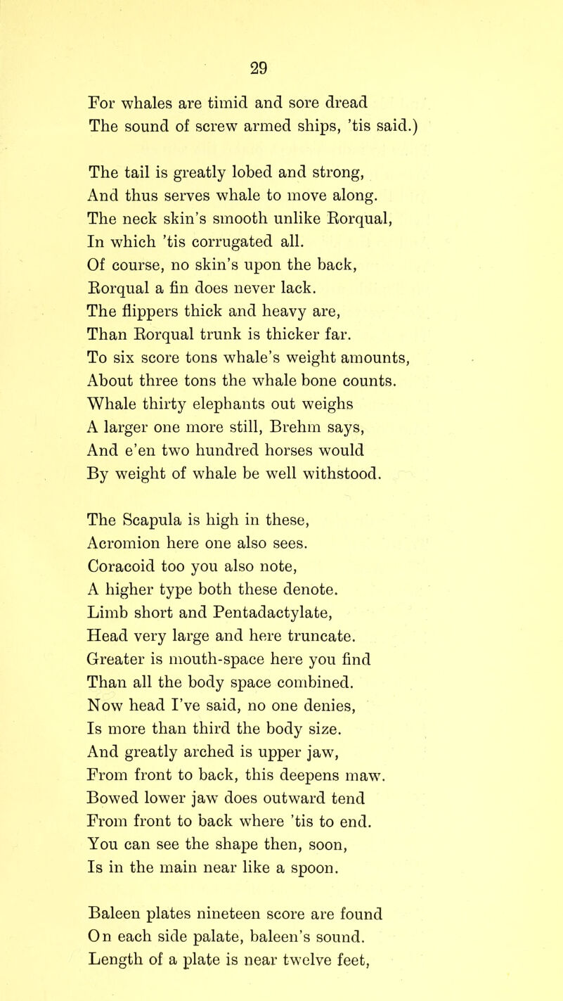 For whales are timid and sore dread The sound of screw armed ships, ’tis said.) The tail is greatly lobed and strong, And thus serves whale to move along. The neck skin’s smooth unlike Rorqual, In which ’tis corrugated all. Of course, no skin’s upon the back, Eorqual a fin does never lack. The flippers thick and heavy are, Than Rorqual trunk is thicker far. To six score tons whale’s weight amounts, About three tons the whale bone counts. Whale thirty elephants out weighs A larger one more still, Brehm says, And e’en two hundred horses would By weight of whale be well withstood. The Scapula is high in these, Acromion here one also sees. Coracoid too you also note, A higher type both these denote. Limb short and Pentadactylate, Head very large and here truncate. Greater is mouth-space here you find Than all the body space combined. Now head I’ve said, no one denies, Is more than third the body size. And greatly arched is upper jaw, From front to back, this deepens maw. Bowed lower jawT does outward tend From front to back where ’tis to end. You can see the shape then, soon, Is in the main near like a spoon. Baleen plates nineteen score are found On each side palate, baleen’s sound. Length of a plate is near twelve feet,