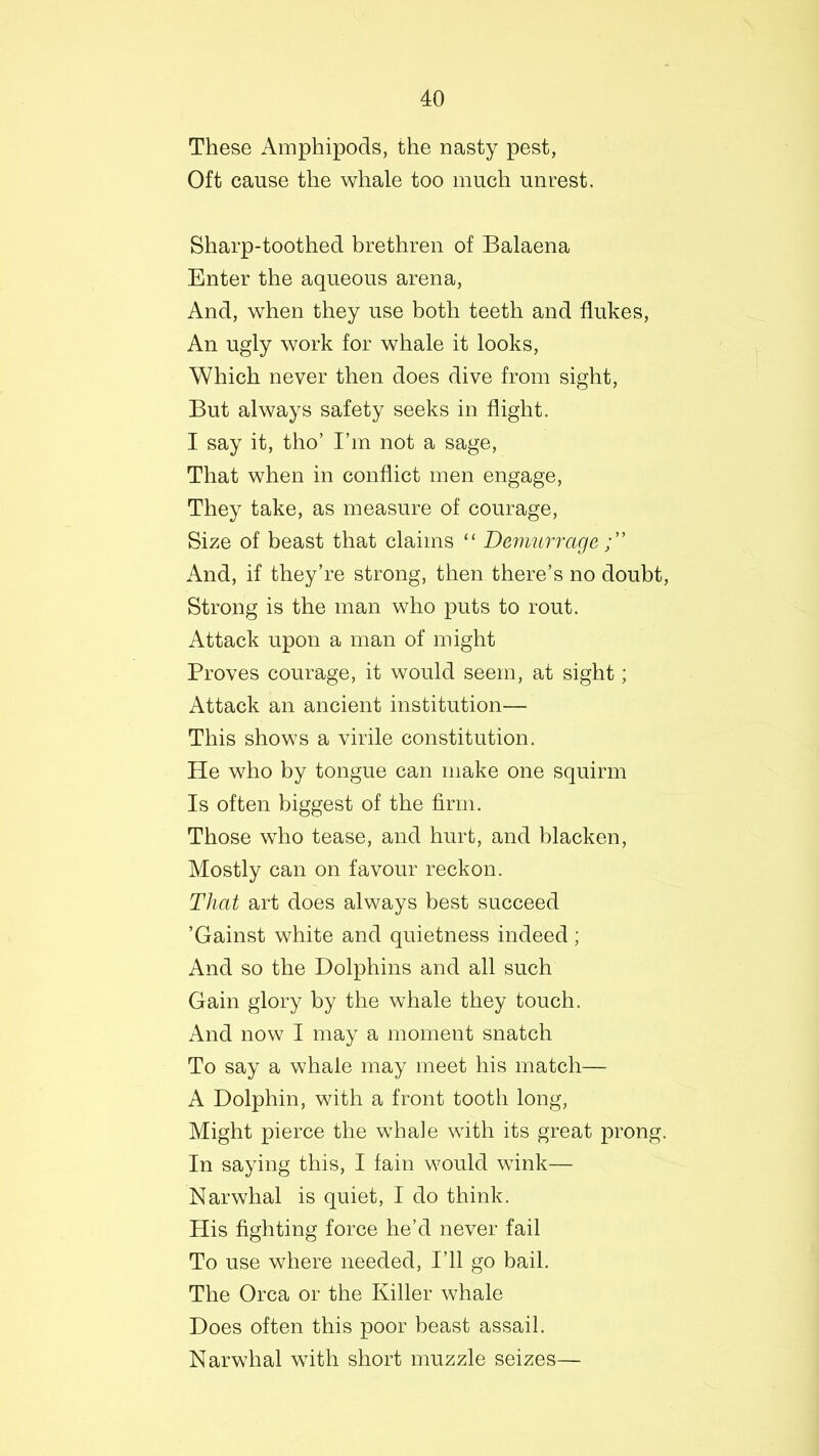 These Amphipods, the nasty pest, Oft cause the whale too much unrest. Sharp-toothed brethren of Balaena Enter the aqueous arena, And, when they use both teeth and flukes, An ugly work for whale it looks, Which never then does dive from sight, But always safety seeks in flight. I say it, tho’ I’m not a sage, That when in conflict men engage, They take, as measure of courage, Size of beast that claims “ Demurrage And, if they’re strong, then there’s no doubt, Strong is the man who puts to rout. Attack upon a man of might Proves courage, it would seem, at sight; Attack an ancient institution— This shows a virile constitution. He who by tongue can make one squirm Is often biggest of the firm. Those who tease, and hurt, and blacken, Mostly can on favour reckon. That art does always best succeed ’Gainst white and quietness indeed; And so the Dolphins and all such Gain glory by the whale they touch. And now I may a moment snatch To say a whale may meet his match— A Dolphin, with a front tooth long, Might pierce the wThaie with its great prong. In saying this, I fain would wink— Narwhal is quiet, I do think. His fighting force he’d never fail To use where needed, I’ll go bail. The Orca or the Killer whale Does often this poor beast assail. Narwhal with short muzzle seizes—