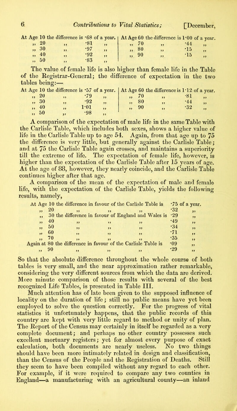 At Age 10 the difference is *68 of a year. >> 20 ,, *81 ,, ,t 30 „ -97 „ 40 „ *92 ■>1 50 ,, -83 ,, At Age 60 the difference is 1*00 of a year. „ 70 „ -44 „ 80 „ *15 „ 90 „ -15 The value of female life is also higher than female life in the Table of the Registrar-General; the difference of expectation in the two tables being:— At Age 10 the difference „ 20 >> 30 ,, » 40 » 50 is *57 of a year. '79 '92 „ 1*01 '98 At Age 60 the difference is 1‘12 of a year. » 70 •81 „ 80 99 •44 99 „ 90 99 •32 99 A comparison of the expectation of male life in the same Table with the Carlisle Table, which includes both sexes, shows a higher value of life in the Carlisle Table up to age 54. Again, from that age up to 75 the difference is very little, but generally against the Carlisle Table; and at 75 the Carlisle Table again crosses, and maintains a superiority till the extreme of life. The expectation of female life, however, is higher than the expectation of the Carlisle Table after 15 years of age. At the age of 88, however, they nearly coincide, and the Carlisle Table continues higher after that age. A comparison of the mean of the expectation of male and female life, with the expectation of the Carlisle Table, yields the following results, namely, At Age 10 the difference in favour of the Carlisle Table is 2ft 99 ^ 99 99 99 „ 30 the difference in favour of England and Wales is 99 99 99 40 50 60 70 99 99 99 99 99 99 99 99 99 99 99 99 Again at 80 the difference in favour of the Carlisle Table is „ 90 99 99 *7 5 of a year. •32 '29 '49 *34 '71 •35 •09 •29 So that the absolute difference throughout the whole course of both tables is very small, and the near approximation rather remarkable, considering the very different sources from which the data are derived. More minute comparison of those results with several of the best recognized Life Tables, is presented in Table III. Much attention has of late been given to the supposed influence of locality on the duration of life; still no public means have yet been employed to solve the question correctly. For the progress of vital statistics it unfortunately happens, that the public records of this country are kept with very little regard to method or unity of plan. The Report of the Census may certainly in itself be regarded as a very complete document; and perhaps no other country possesses such excellent mortuary registers; yet for almost every purpose of exact calculation, both documents are nearly useless. No two things should have been more intimately related in design and classification, than the Census of the People and the Registration of Deaths. Still they seem to have been compiled without any regard to each other. For example, if it were required to compare any two counties in England—a manufacturing with an agricultural county—an inland