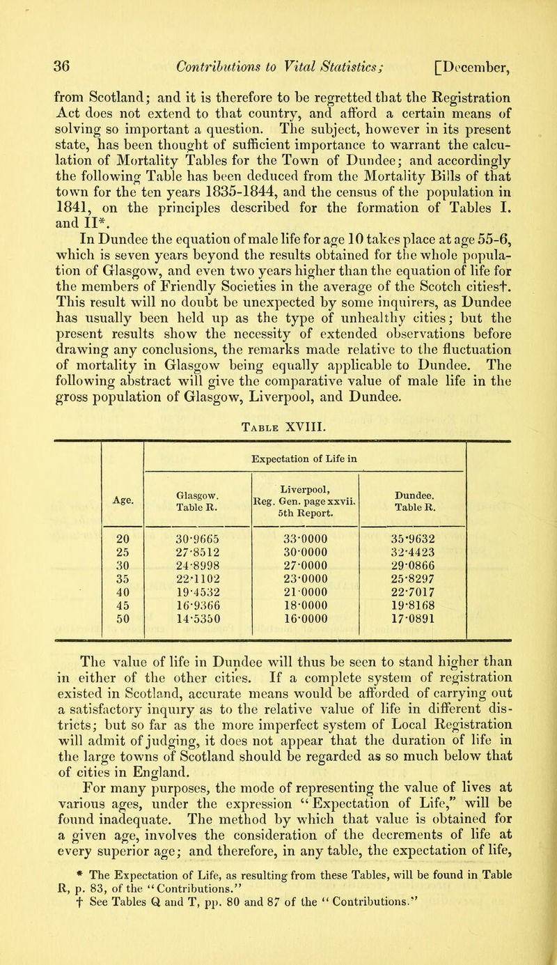 from Scotland; and it is therefore to be regretted that the Registration Act does not extend to that country, and afford a certain means of solving so important a question. The subject, however in its present state, has been thought of sufficient importance to warrant the calcu- lation of Mortality Tables for the Town of Dundee; and accordingly the following Table has been deduced from the Mortality Bills of that town for the ten years 1835-1844, and the census of the population in 1841, on the principles described for the formation of Tables I. and II*. In Dundee the equation of male life for age 10 takes place at age 55-6, which is seven years beyond the results obtained for the whole popula- tion of Glasgow, and even two years higher than the equation of life for the members of Friendly Societies in the average of the Scotch citiest. This result will no doubt be unexpected by some inquirers, as Dundee has usually been held up as the type of unhealthy cities; but the present results show the necessity of extended observations before drawing any conclusions, the remarks made relative to the fluctuation of mortality in Glasgow being equally applicable to Dundee. The following abstract will give the comparative value of male life in the gross population of Glasgow, Liverpool, and Dundee. Table XVIII. Age. Expectation of Life in Glasgow. Table R. Liverpool, Reg. Gen. pagexxvii. 5th Report. Dundee. Table R. 20 30-9665 33-0000 35-9632 25 27-8512 30-0000 32-4423 30 24-8998 27-0000 29*0866 35 22-1102 23-0000 25-8297 40 19-4532 21 0000 22-7017 45 16-9366 18-0000 19*8168 50 14-5350 16-0000 17-0891 The value of life in Dundee will thus be seen to stand higher than in either of the other cities. If a complete system of registration existed in Scotland, accurate means would be afforded of carrying out a satisfactory inquiry as to the relative value of life in different dis- tricts; but so far as the more imperfect system of Local Registration will admit of judging, it does not appear that the duration of life in the large towns of Scotland should be regarded as so much below that of cities in England. For many purposes, the mode of representing the value of lives at various ages, under the expression “Expectation of Life/’ will be found inadequate. The method by which that value is obtained for a given age, involves the consideration of the decrements of life at every superior age; and therefore, in any table, the expectation of life, * The Expectation of Life, as resulting from these Tables, will be found in Table R, p. 83, of the “Contributions.” f See Tables Q and T, pp. 80 and 87 of the “ Contributions.”