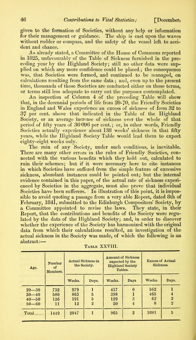 given to the formation of Societies, without any help or information for their management or guidance. The ship is cast upon the waves without rudder or compass, and the safety of the vessel left to acci- dent and chance. As already stated, a Committee of the House of Commons reported in 1825, unfavourably of the Table of Sickness furnished in the pre- ceding year by the Highland Society; still no other data were sup- plied on which any more confidence could be placed; the consequence was, that Societies were formed, and continued to be managed, on calculations resulting from the same data ; and, even up to the present time, thousands of those Societies are conducted either on those terms, or terms still less adequate to carry out the purposes contemplated. An inspection of Column 4 of the preceding Table will show that, in the decennial periods of life from 20-70, the Friendly Societies in England and Wales experience an excess of sickness of from 32 to 37 per cent, above that indicated in the Table of the Highland Society, or an average increase of sickness over the whole of that period of fifty years of 36*096 per cent.; or, in other words, Friendly Societies actually experience about 138 weeks* sickness in that fifty years, while the Highland Society Table would lead them to expect eighty-eight weeks only. The ruin of any Society, under such conditions, is inevitable. There are many other errors in the rules of Friendly Societies, con- nected with the various benefits which they hold out, calculated to ruin their schemes; but if it were necessary, here to cite instances in which Societies have suffered from the simple feature of excessive sickness, abundant instances could be pointed out; but the internal evidence contained in this paper, of the actual rate of sickness experi- enced by Societies in the aggregate, must also prove that individual Societies have been sufferers. In illustration of this point, it is impos- sible to avoid quoting a passage from a very able Report, dated 8th of February, 1841, submitted to the Edinburgh Compositors’ Society, by a Committee appointed to revise the laws. They state, in their Report, that the contributions and benefits of the Society were regu- lated by the data of the Highland Society; and, in order to discover whether the experience of the Society has harmonized with the original data from which their calculations resulted, an investigation of the actual sickness in the Society was made, of which the following is an abstract:— Table XXYIII. Age. Number of Members. Actual Sickness in the Society. Amount of Sickness expected by the Highland Society Tables. Excess of Actual Sickness. Weeks. Days. Weeks. Days Weeks. Days. 20—30 732 979 1 417 0 562 1 30—40 580 863 5 398 1 465 4 40—50 126 191 5 129 3 62 2 50—60 11 12 2 20 4 8 2 Total 1449 2047 1 965 2 1081 5